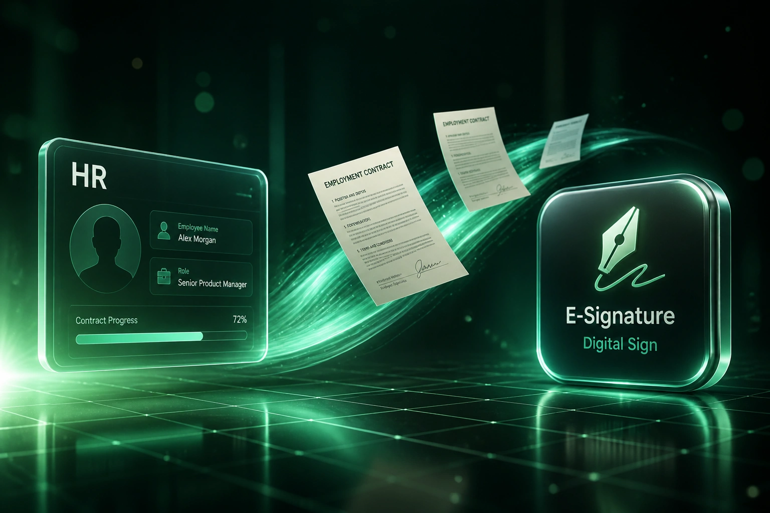 An HR glass panel and an E-Signature badge connected by a flowing ribbon of employment contracts, illustrating digital employment contract signing