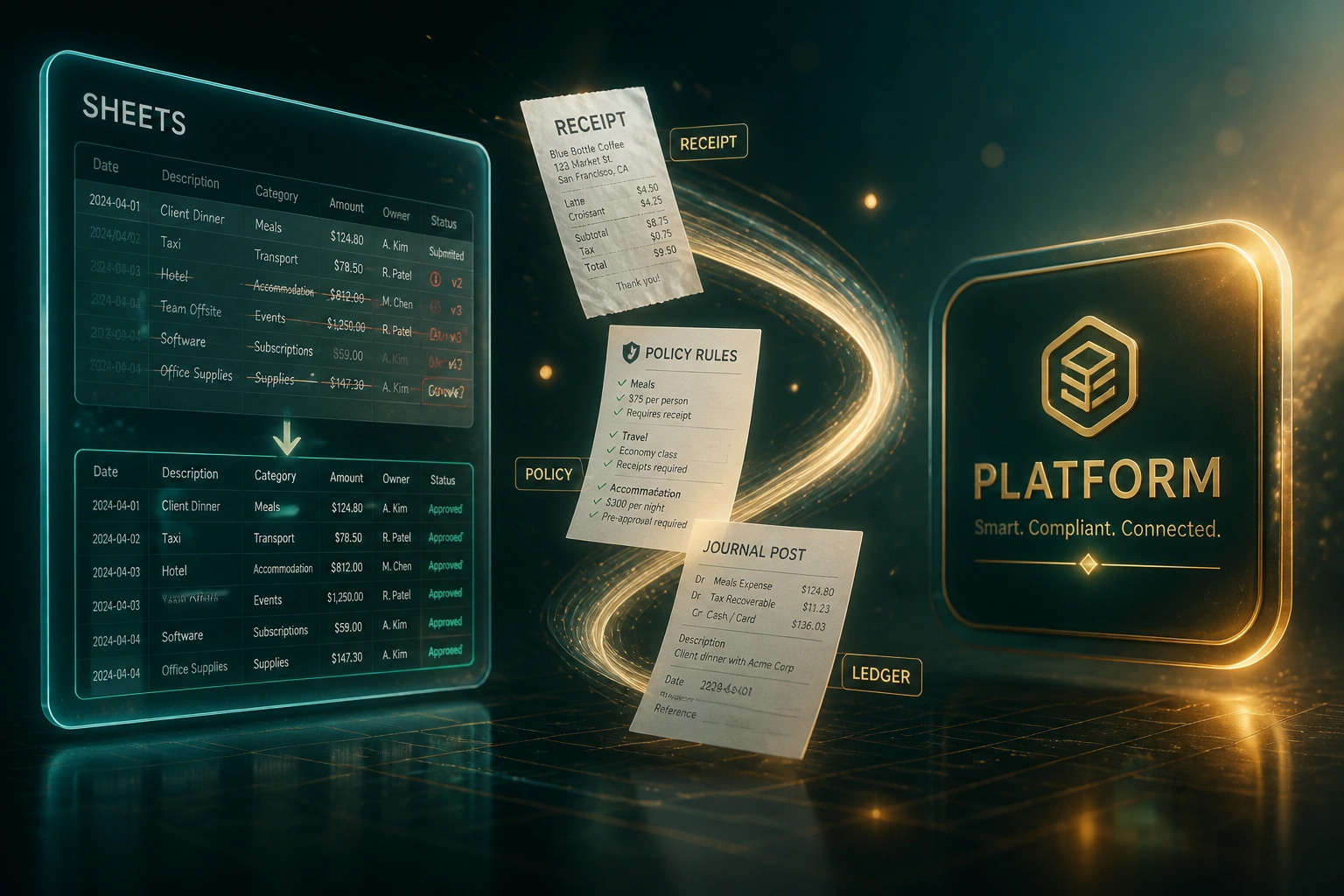 A SHEETS glass panel transforming messy expense rows into clean approved data, connected by a gold ribbon of receipts, policy rules, and ledger posts to a glossy PLATFORM badge