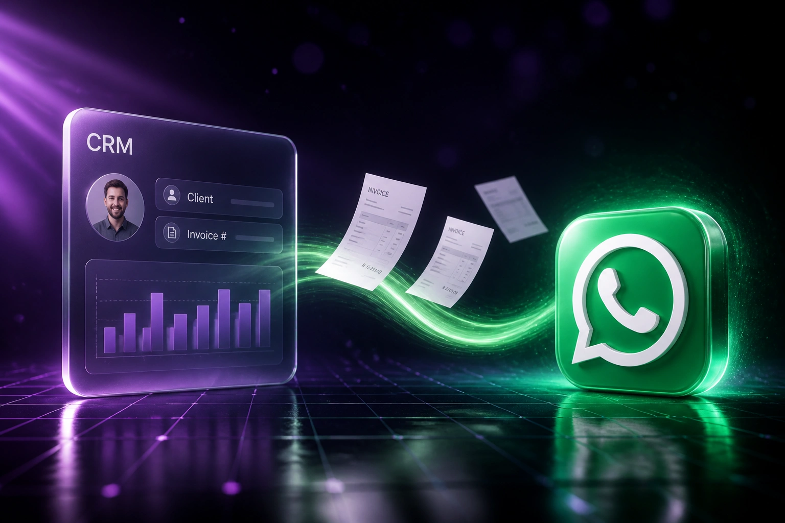 A glass CRM invoice panel connected by a green ribbon of flying invoice PDFs to a glossy WhatsApp logo badge, illustrating WhatsApp invoice delivery