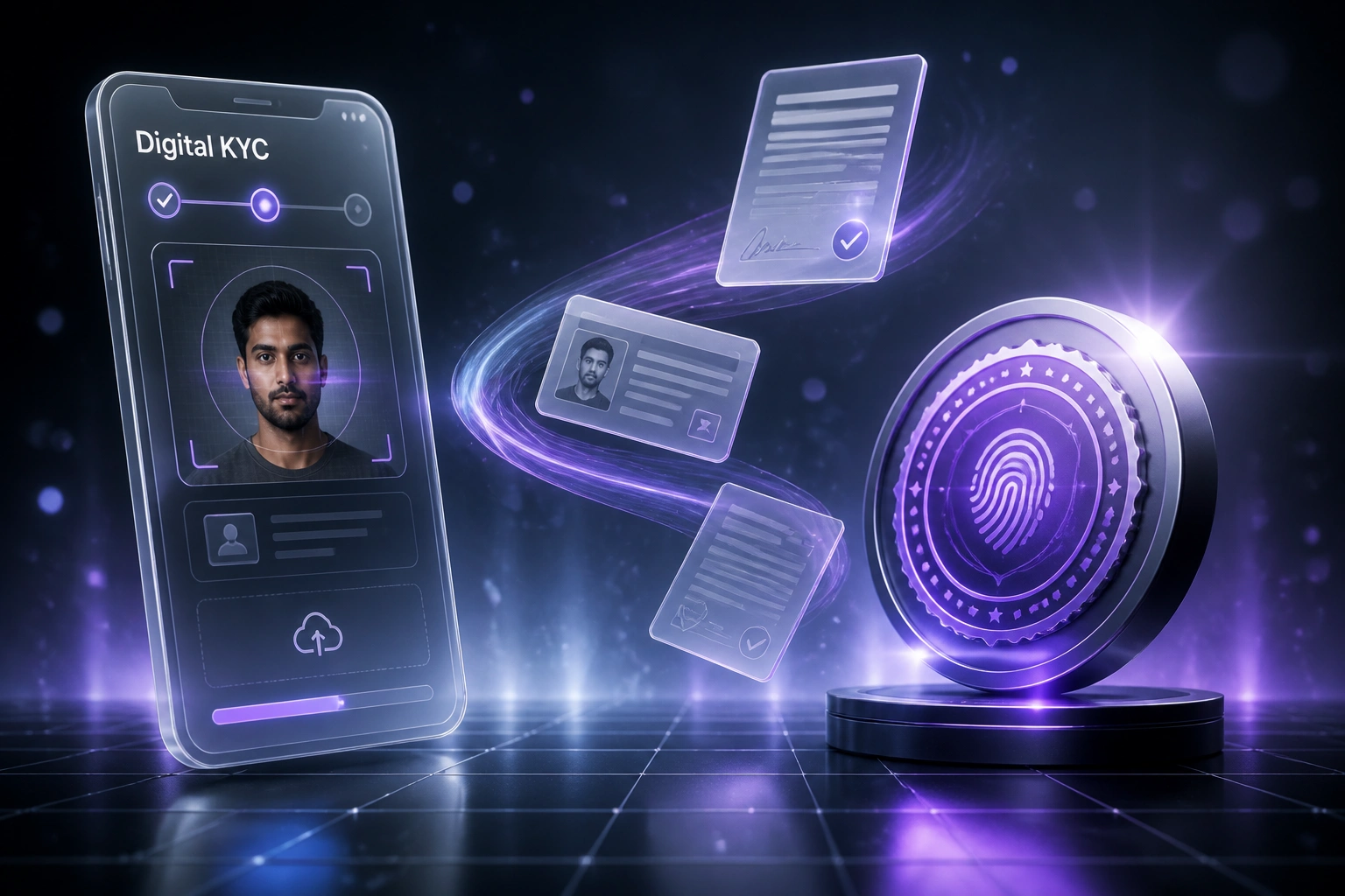 A glass Digital KYC mobile panel and a violet biometric seal connected by e-signed documents on a ribbon of light, illustrating paperless client onboarding
