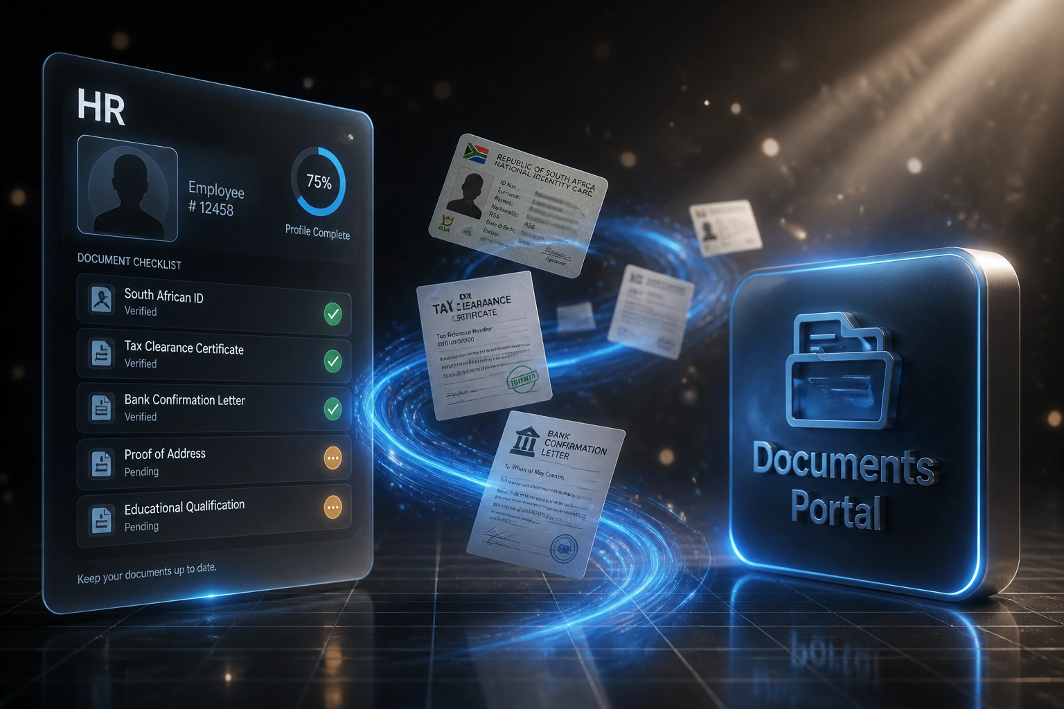 An HR glass panel and a Documents Portal badge connected by a flowing ribbon of ID cards, tax forms, and bank letters, illustrating digital onboarding document collection