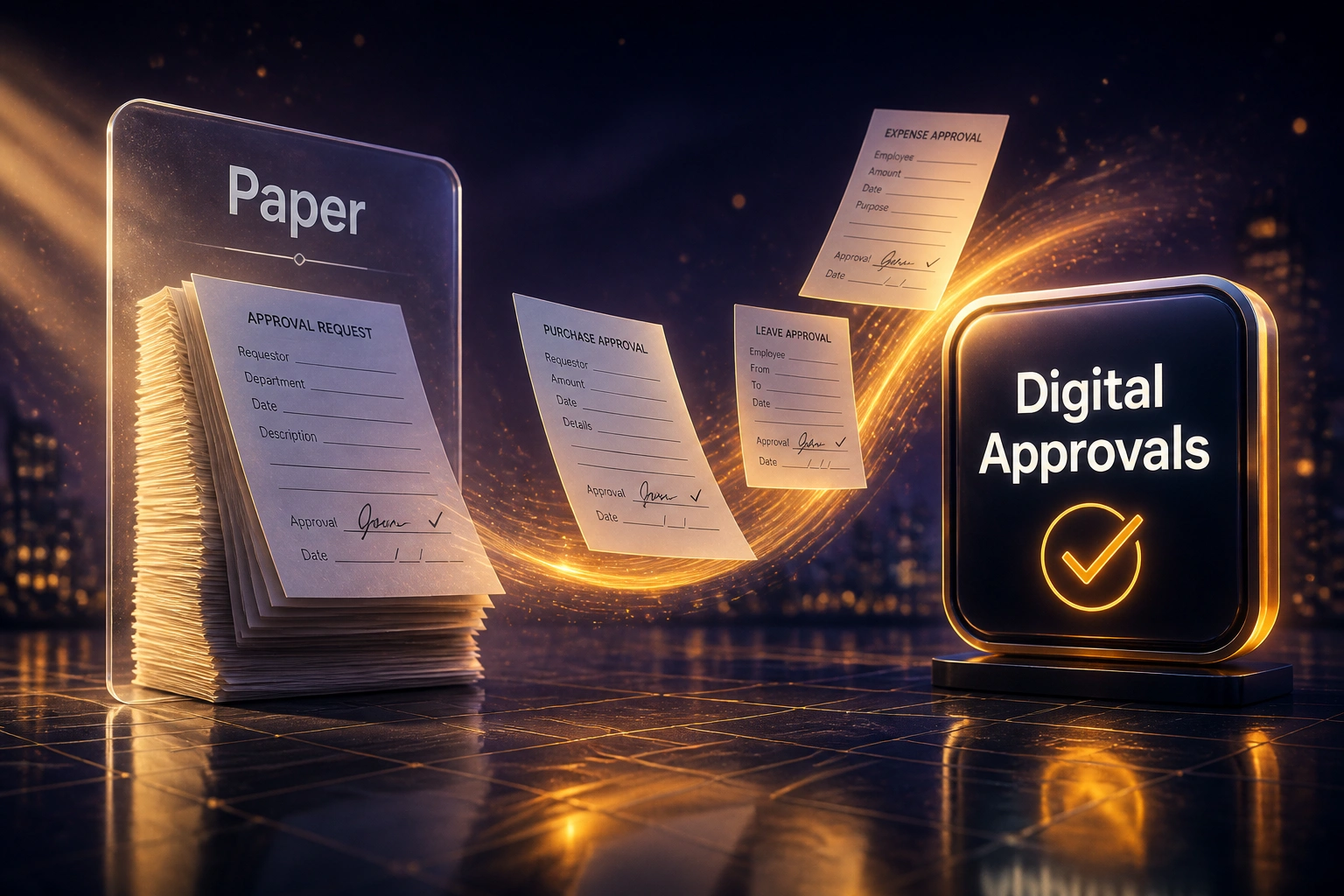 A glass Paper panel stacked with wet-ink approval forms connected by an amber ribbon of digital forms to a glossy Digital Approvals badge, illustrating paperless approval workflows