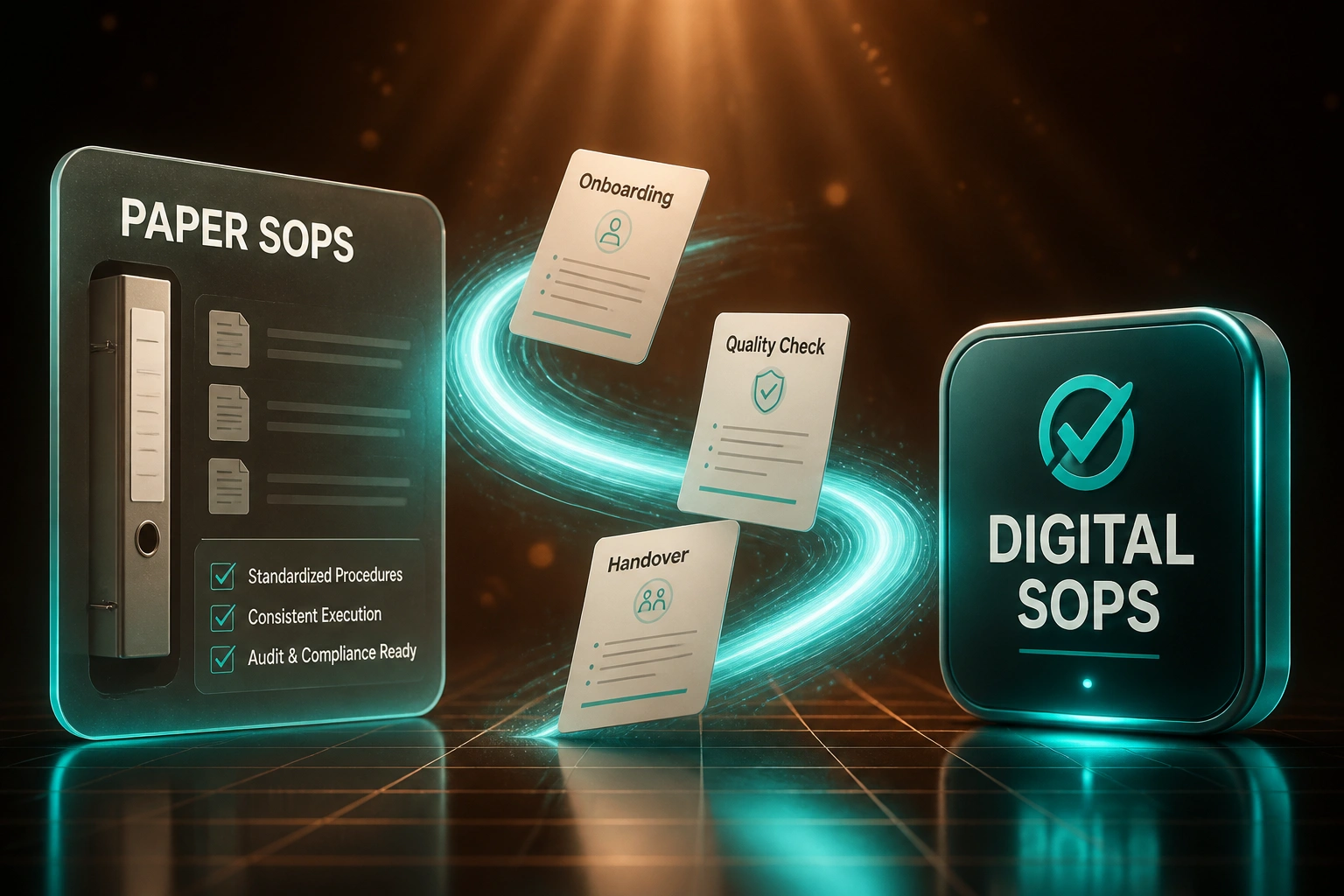 A glass Paper SOPs panel and a glossy Digital SOPs badge connected by a teal ribbon of procedure cards, illustrating the move from binders to a searchable digital system