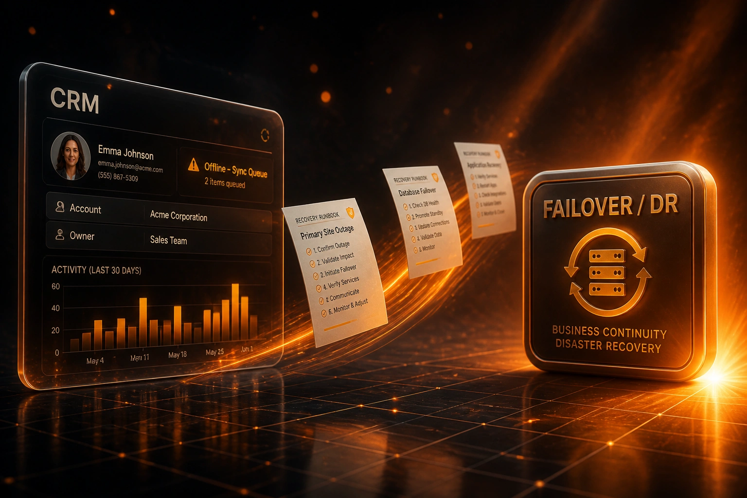A glass CRM panel showing offline sync queue state connected by recovery runbooks to a Failover / DR badge on a charcoal ember scene with amber glow