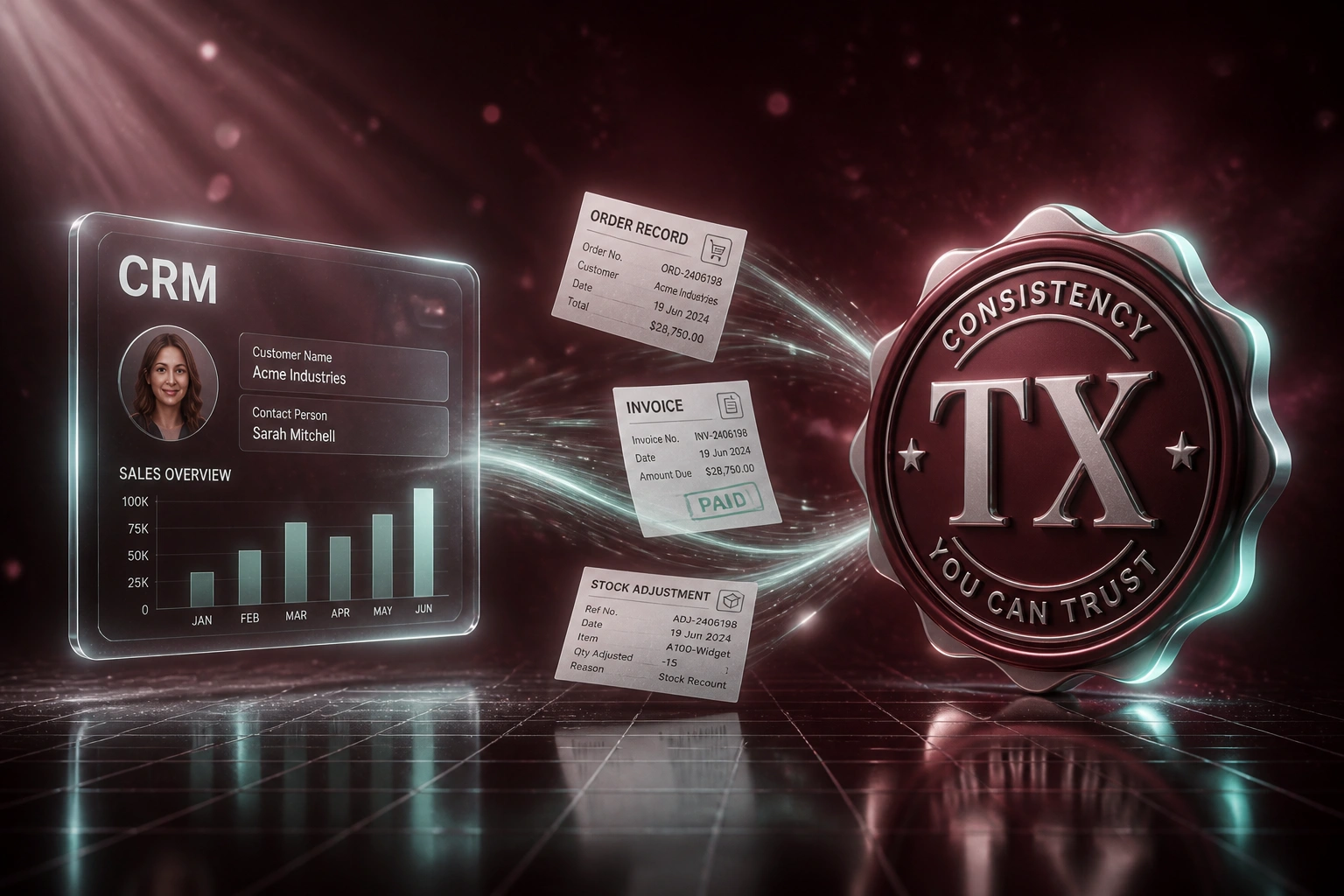 A glass CRM panel and a glossy TX Consistency seal linked by a silver-mint ribbon carrying order, invoice, and stock documents across a deep wine burgundy scene