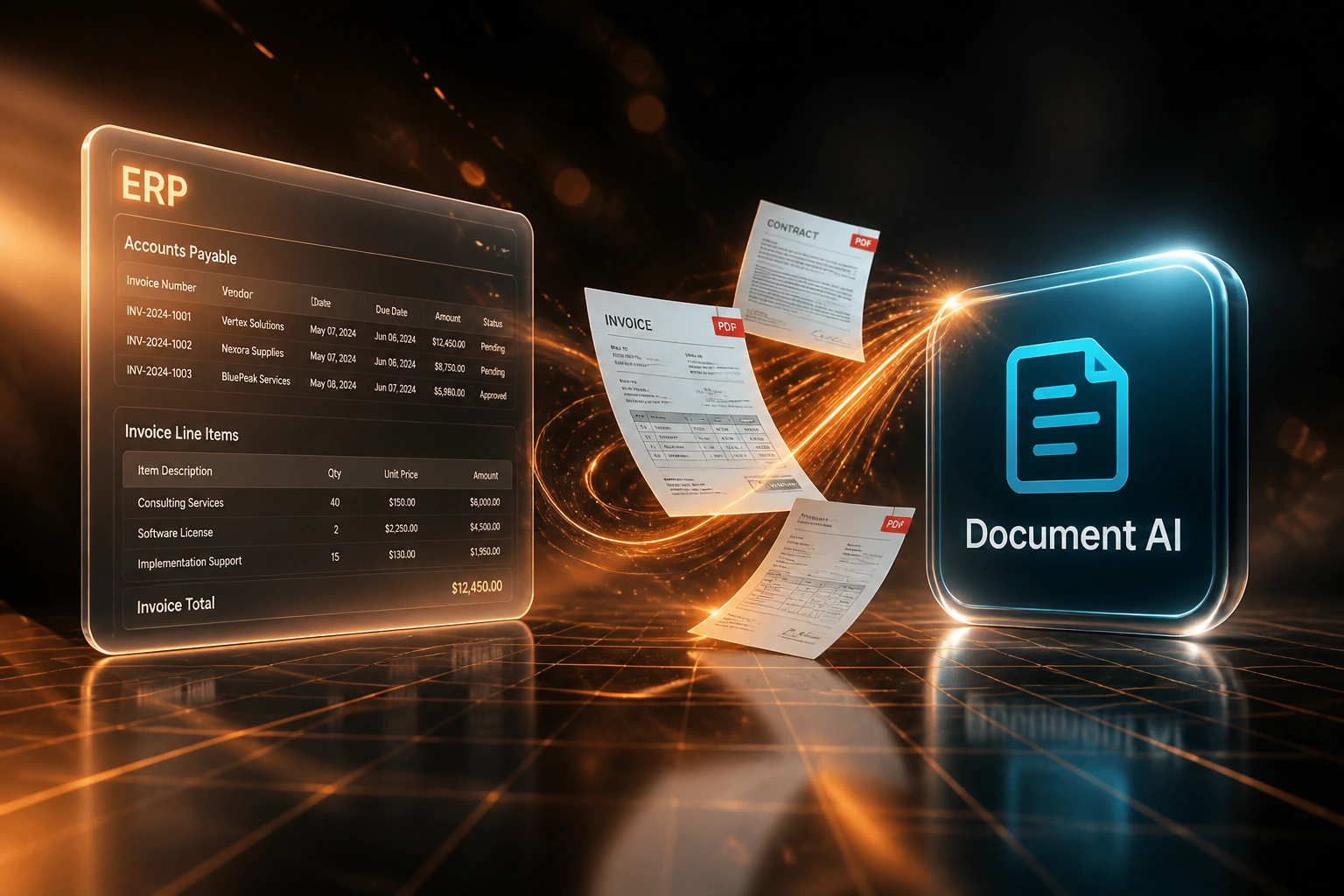 A glass ERP accounts payable panel and a Document AI badge connected by a copper ribbon carrying invoice and contract PDFs, illustrating intelligent document processing