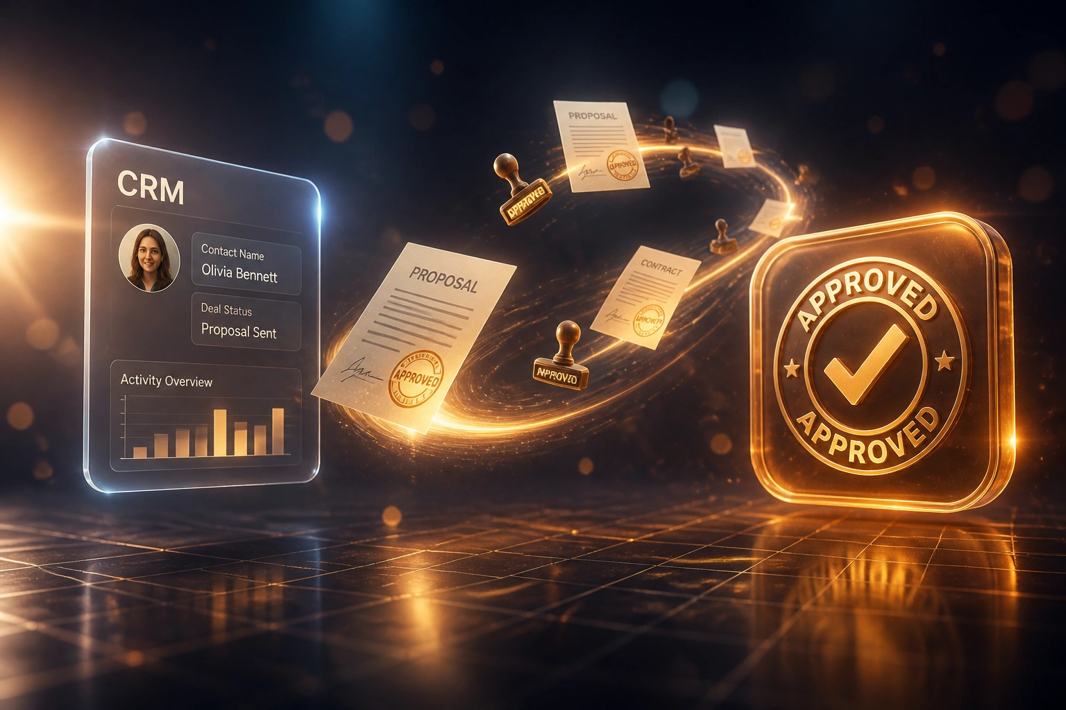 A glass CRM panel and a glossy amber approval stamp badge linked by a ribbon of stamped proposals and contracts, illustrating automated document approval workflow