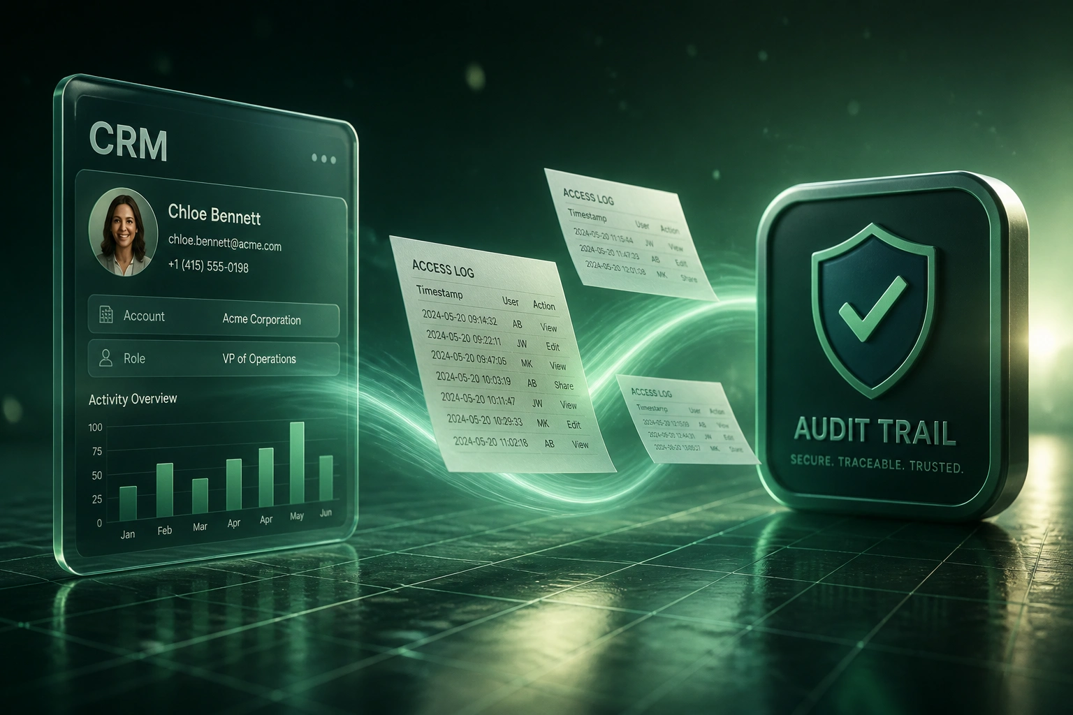 A glass CRM panel and a glossy mint audit-trail shield badge linked by a ribbon of access-log sheets, illustrating document access tracking for regulated industries