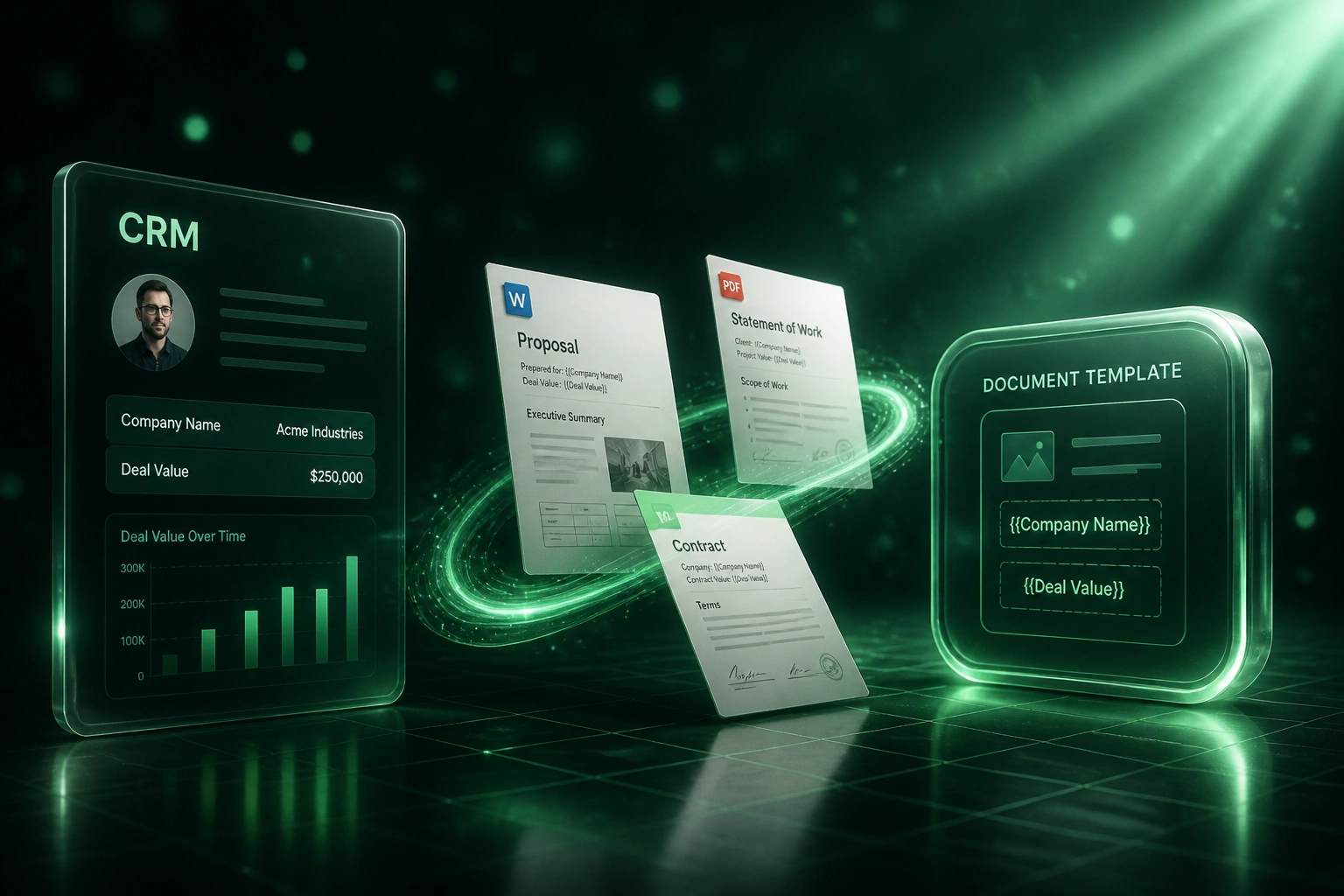 A glass CRM panel connected by an emerald ribbon of light to a glossy document-template badge, with branded proposal sheets mid-flight illustrating template automation