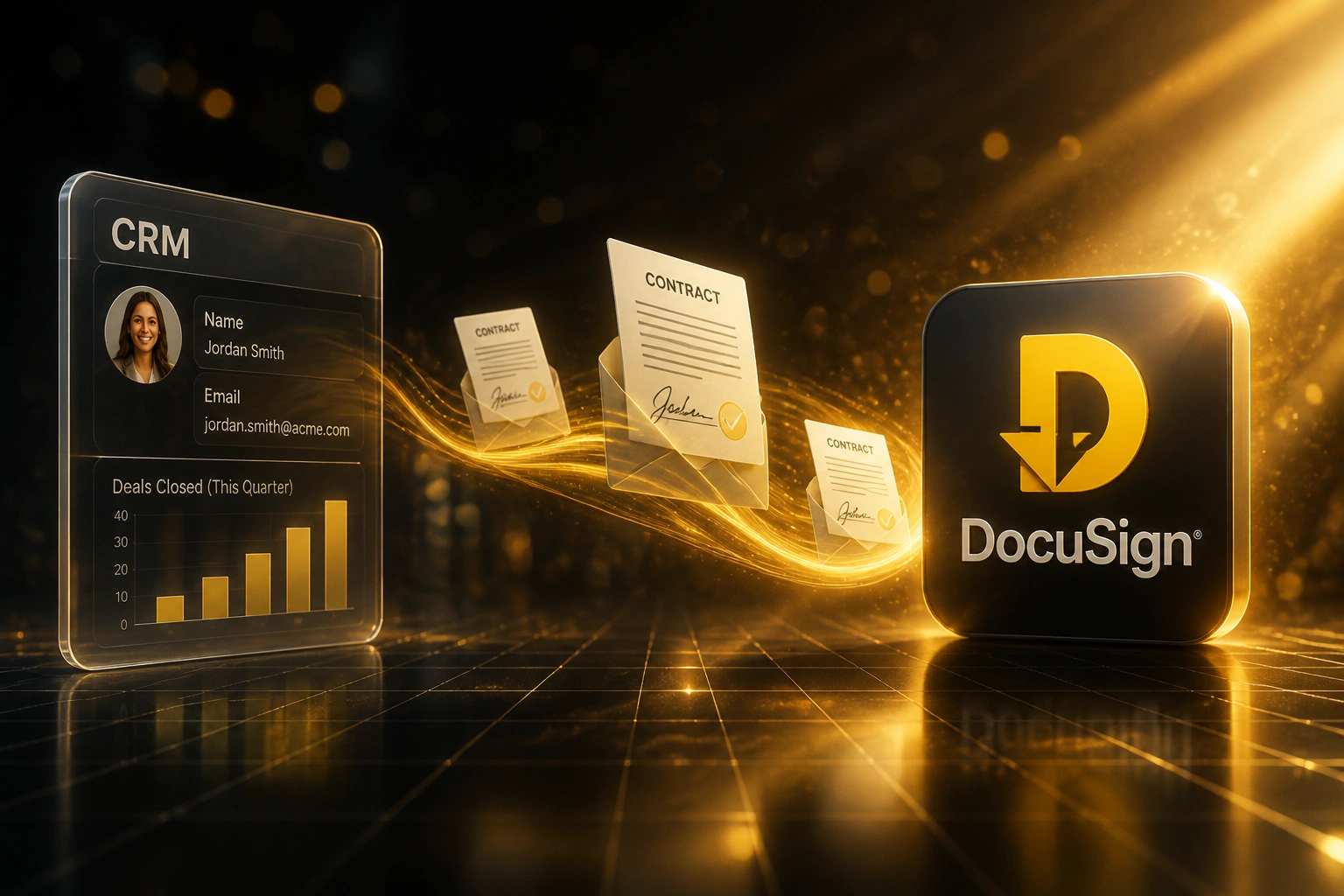 A glass CRM panel and a glossy DocuSign badge linked by a gold ribbon of signed contracts, illustrating DocuSign CRM integration