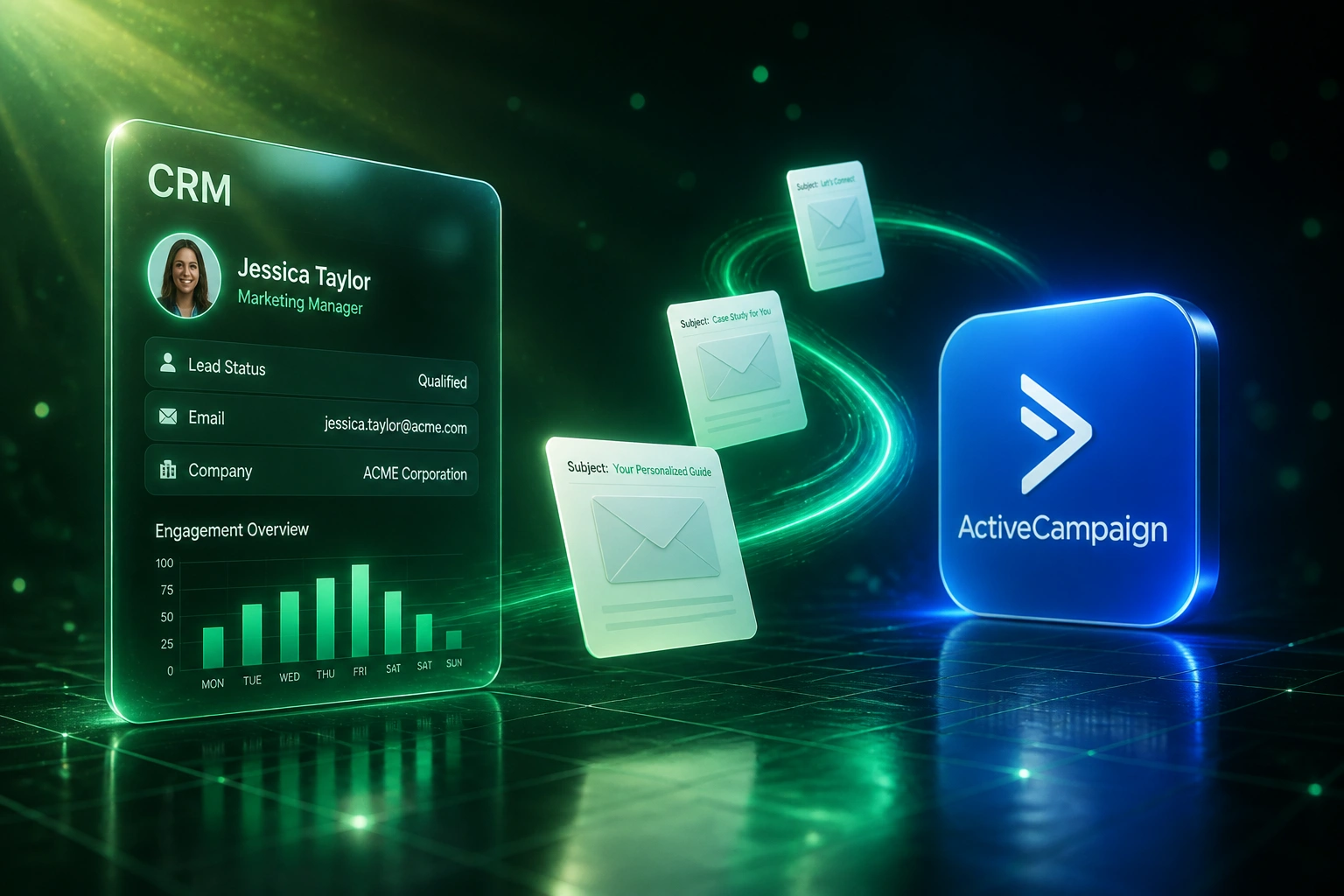 A glass CRM panel and the ActiveCampaign logo linked by sequenced email documents on an emerald light ribbon, illustrating automated drip nurture