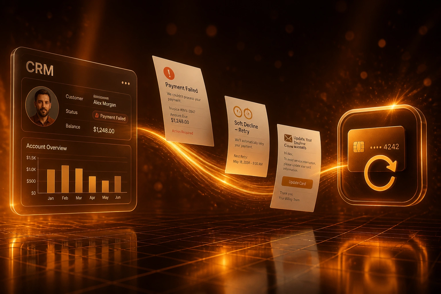 A CRM panel and payment retry badge linked by an amber ribbon carrying failed-payment notices and update-card reminders, illustrating automated failed payment recovery