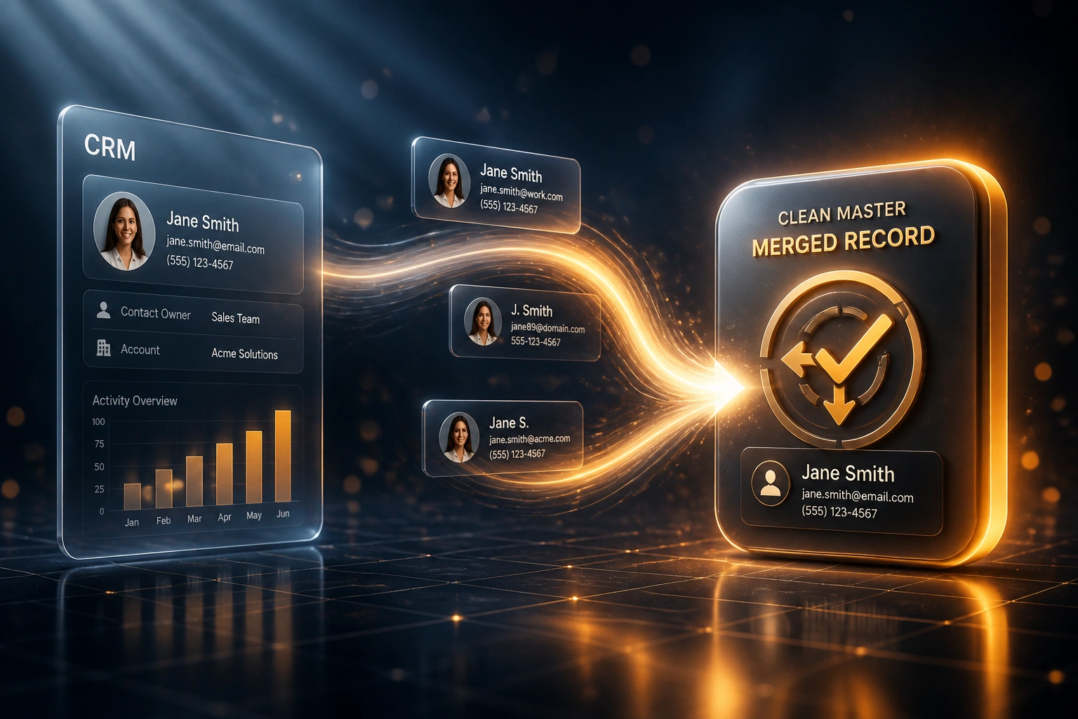 A glass CRM panel connected by an amber ribbon of merging contact cards to a glossy Clean Master Merged Record badge, illustrating cross-system duplicate detection and merge automation