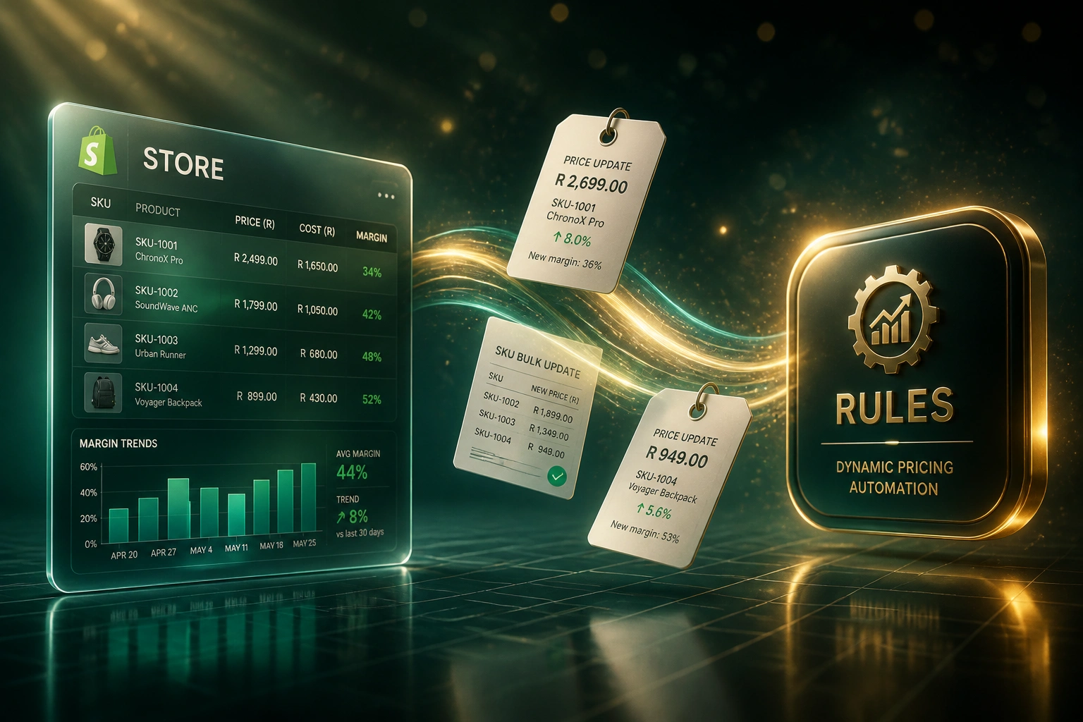 A glass STORE catalogue panel connected by a gold-teal ribbon of price tags to a glossy RULES pricing badge, illustrating dynamic pricing automation