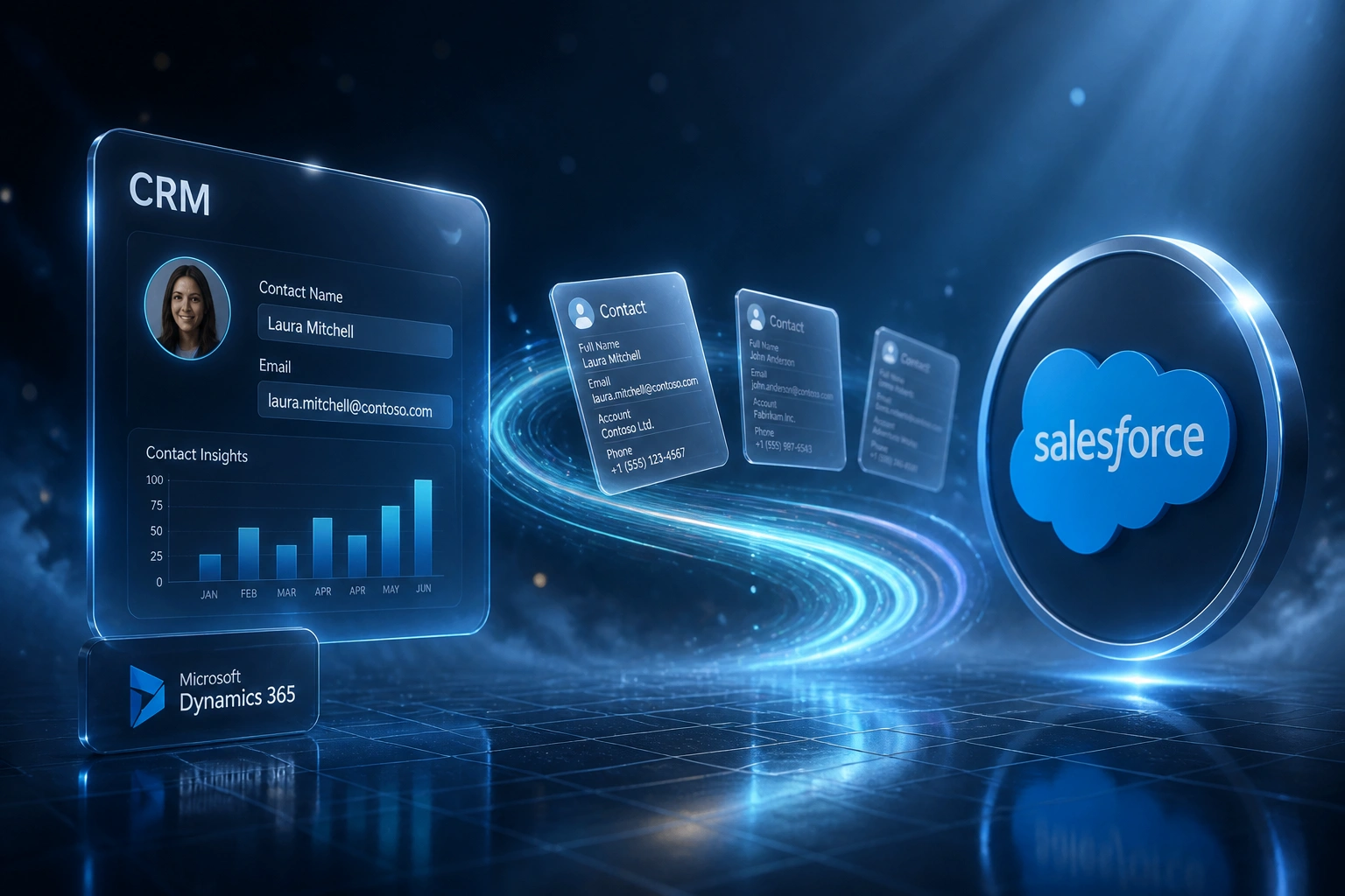 A glass CRM panel with a Dynamics 365 badge and the Salesforce logo connected by a ribbon of Dataverse contact records, illustrating a Dynamics to Salesforce migration