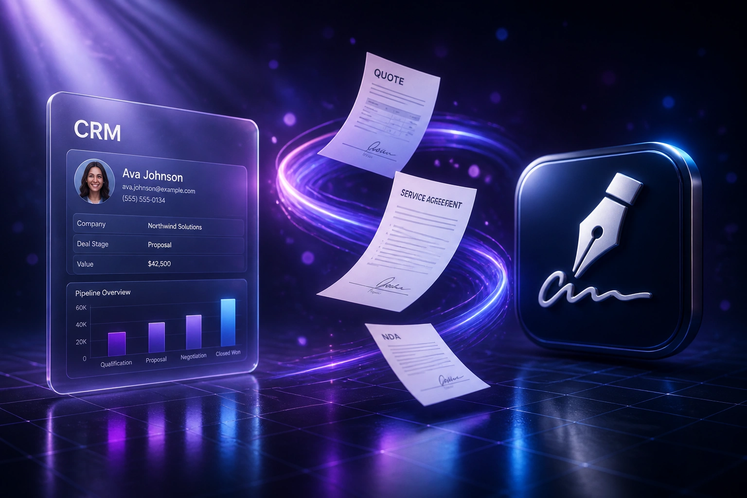 A glass CRM panel and a glossy e-signature badge linked by a violet ribbon of quote and contract documents, illustrating e-signature integration for sales quotes