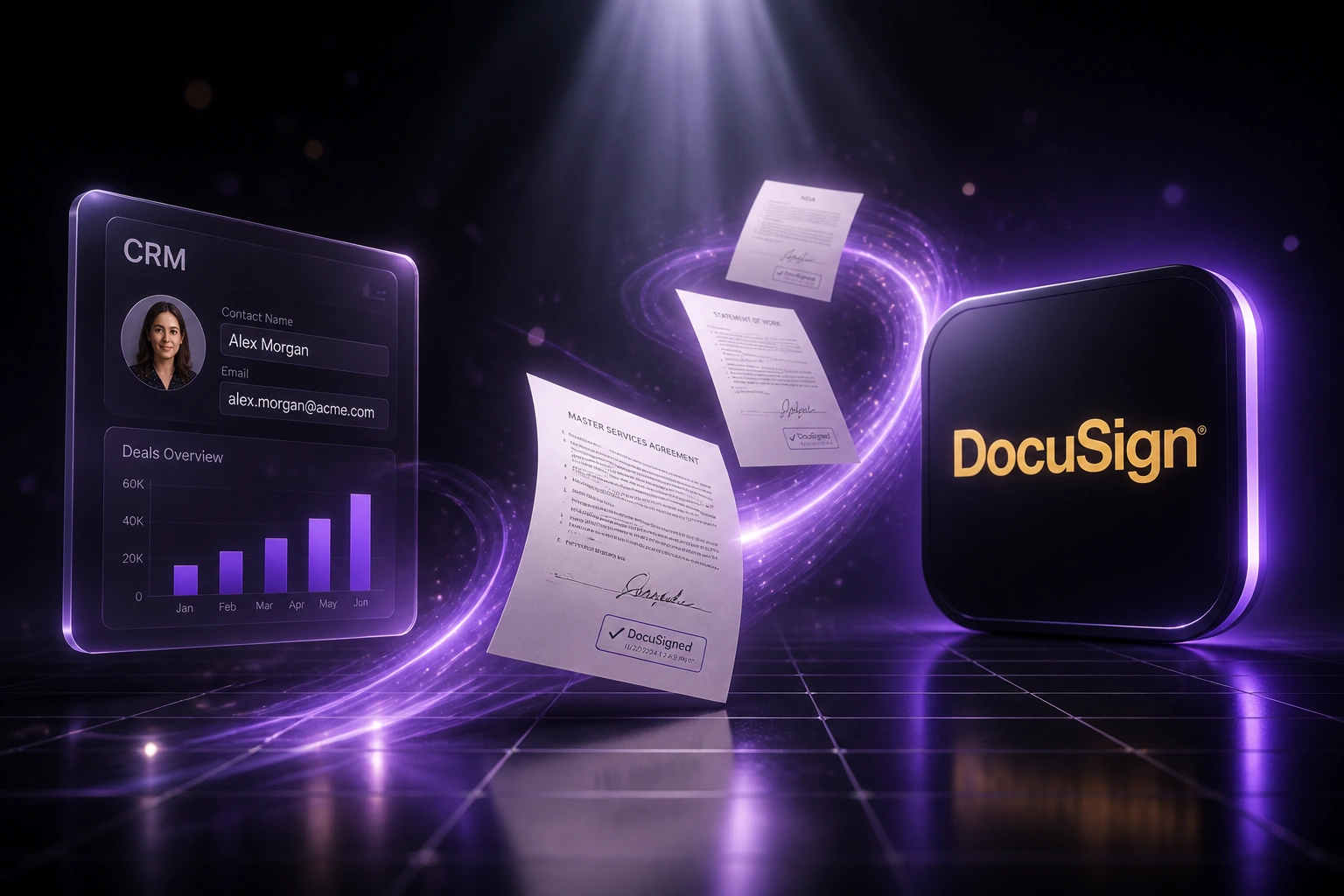 A glass CRM panel and a glossy DocuSign badge linked by a violet ribbon of signed contracts, illustrating e-signature integration with CRM
