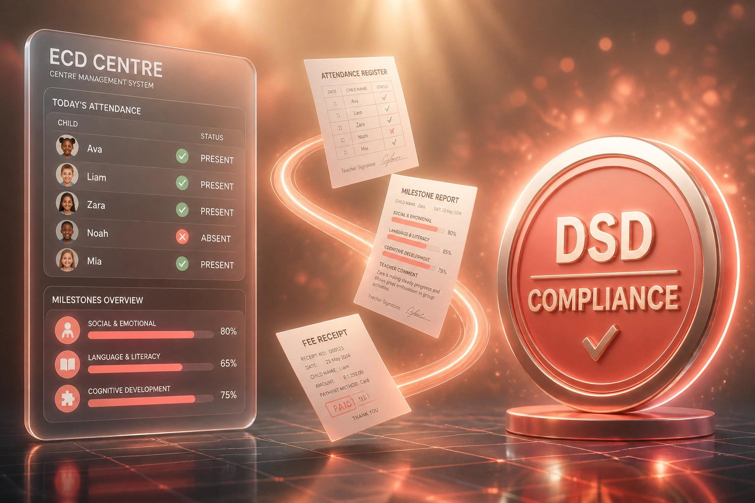 Glass ECD Centre panel with child attendance and milestone bars linked by a ribbon of documents to a glossy DSD Compliance badge over a warm peach sunrise floor