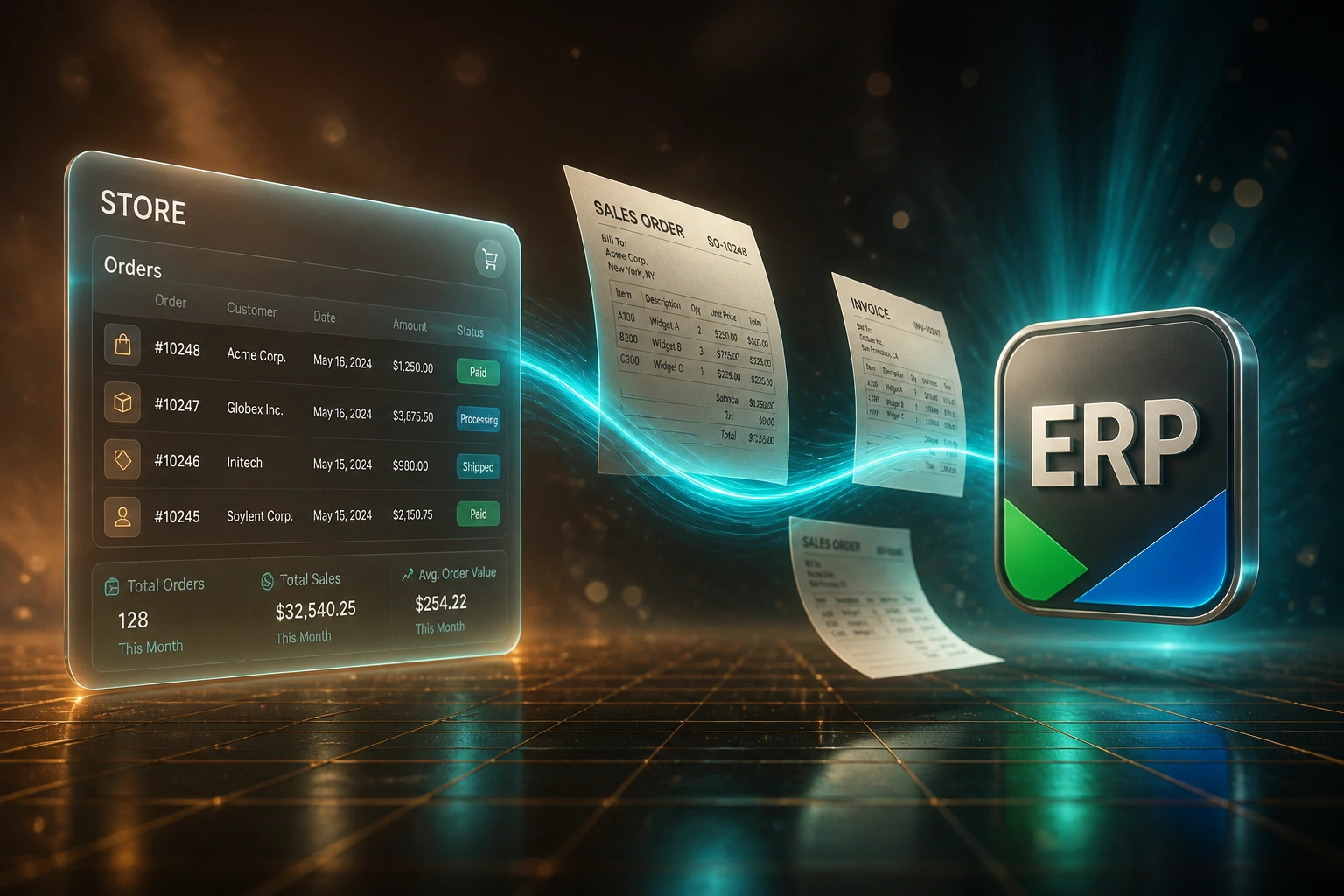 A glass STORE order panel connected by a teal ribbon of sales orders and invoices to a glossy ERP badge, illustrating automated ecommerce to ERP integration