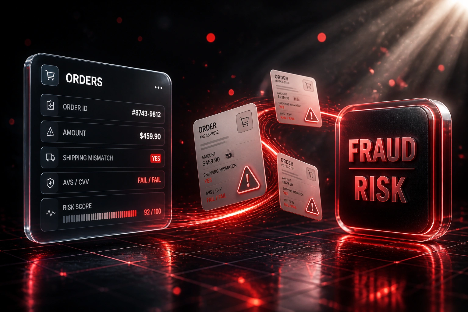 A glass ORDERS risk panel and a crimson FRAUD / RISK badge linked by flagged order documents on a light ribbon over a charcoal reflective floor