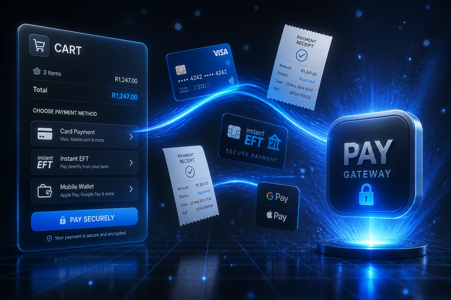 A glass CART checkout panel with card, Instant EFT, and wallet rows connected by an electric blue ribbon of payment receipts to a glossy PAY GATEWAY badge
