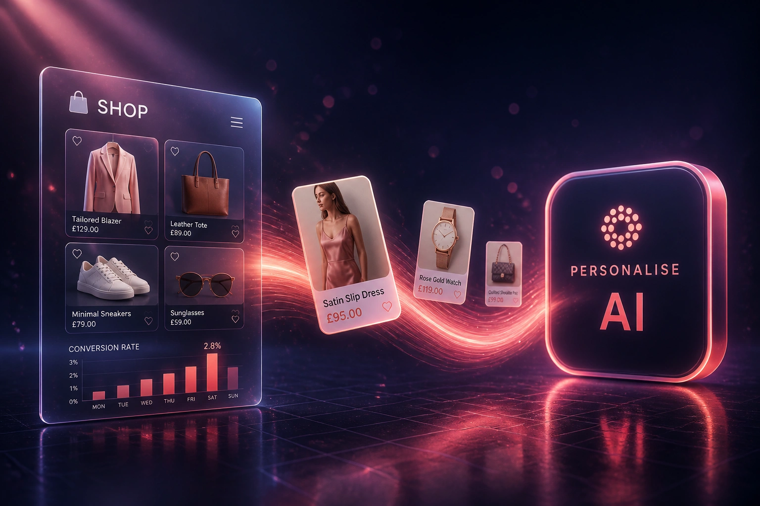 A glass SHOP storefront panel connected by a coral-rose ribbon of product recommendation cards to a glossy PERSONALISE AI badge, illustrating an ecommerce personalisation engine
