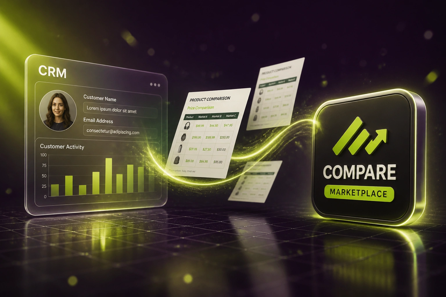 A CRM panel and a lime COMPARE marketplace badge linked by a ribbon of product price comparison sheets, illustrating ecommerce price comparison scraping