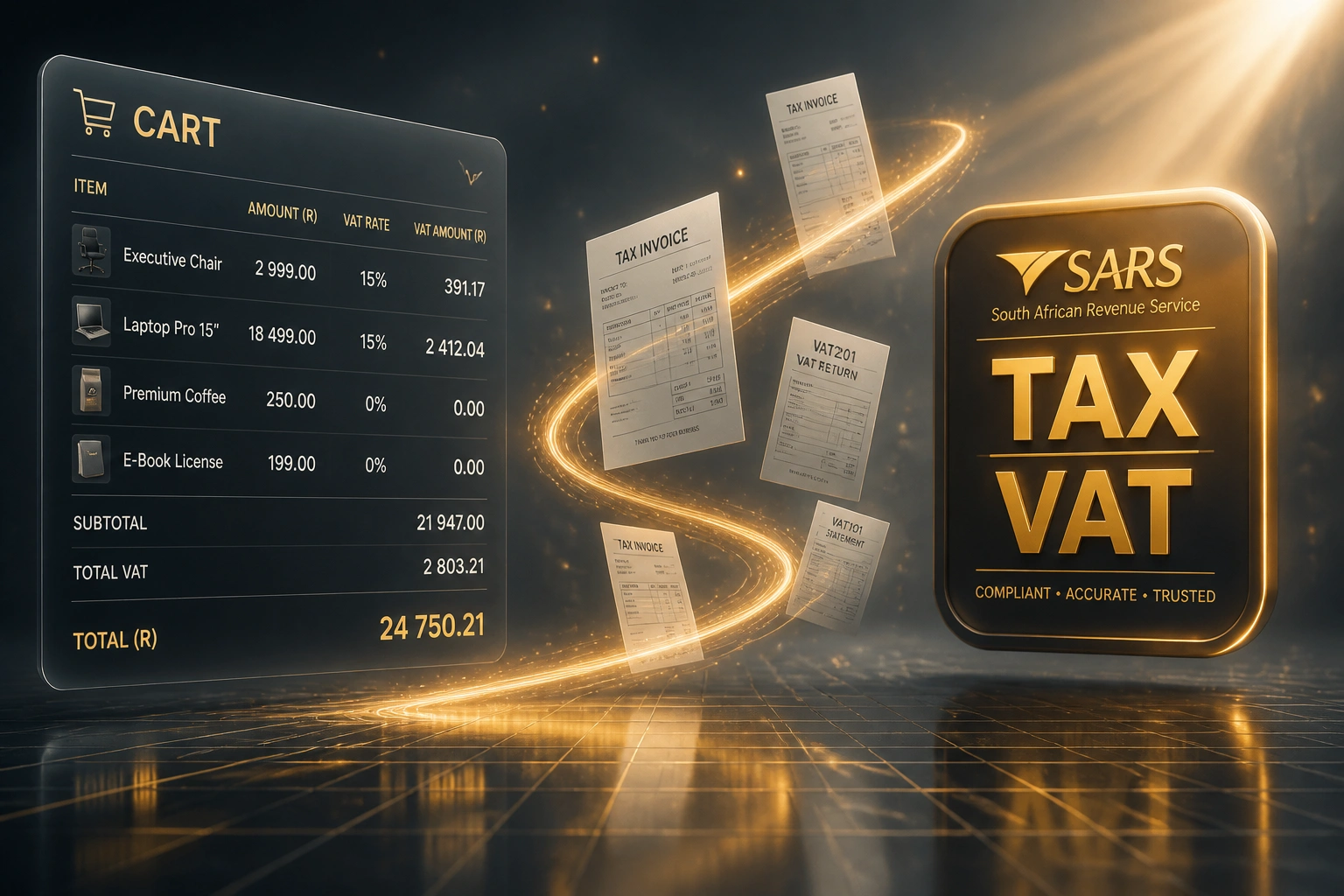 A glass CART panel with VAT columns connected by a gold ribbon of tax invoices to a glossy TAX VAT badge, illustrating South African ecommerce tax automation