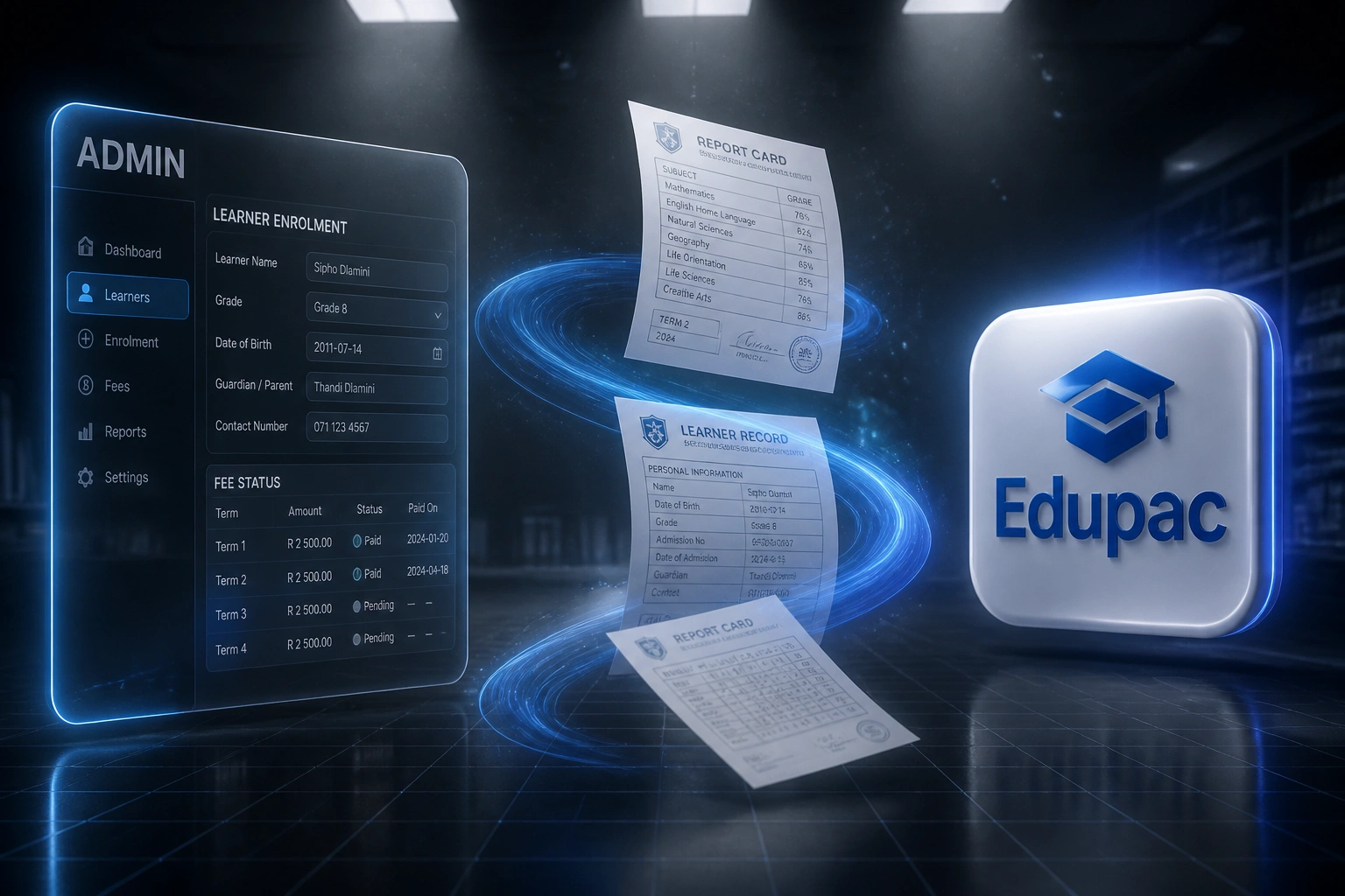 A glass ADMIN enrolment panel and a glossy Edupac badge linked by a cobalt ribbon of report cards and learner records, illustrating school management integration