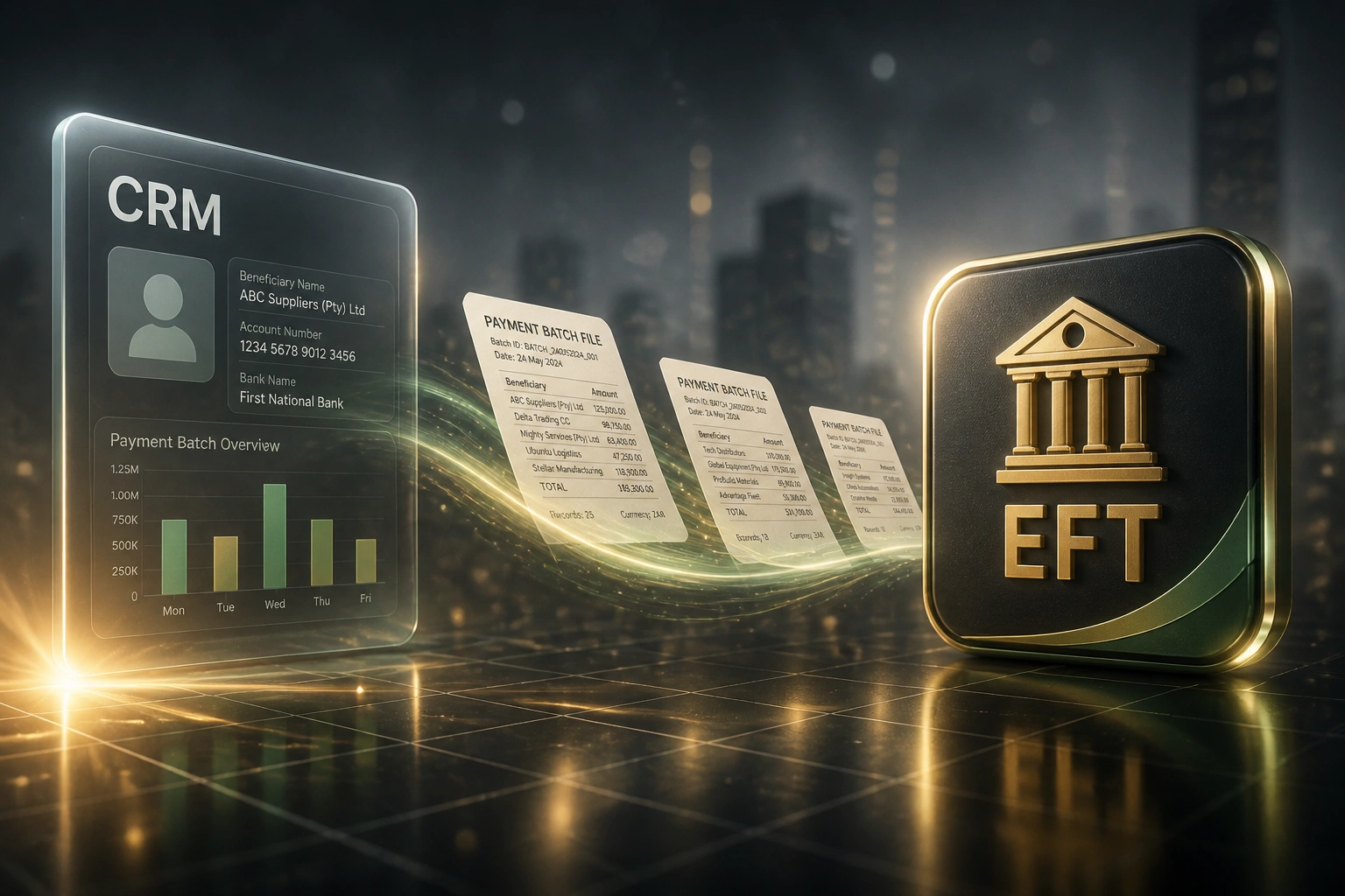 A CRM panel and an EFT bank badge linked by a gold-green ribbon of payment batch documents across a cool graphite steel scene