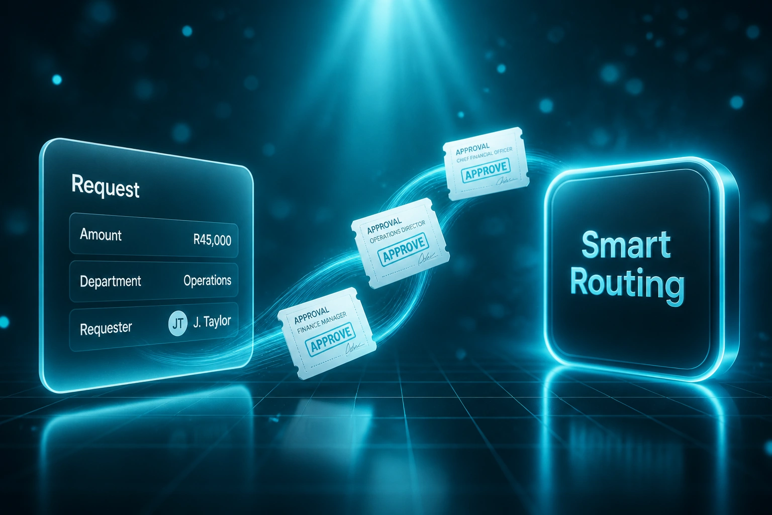 Glass Request panel with amount and department fields connected by a cyan ribbon of approval tickets to a Smart Routing badge