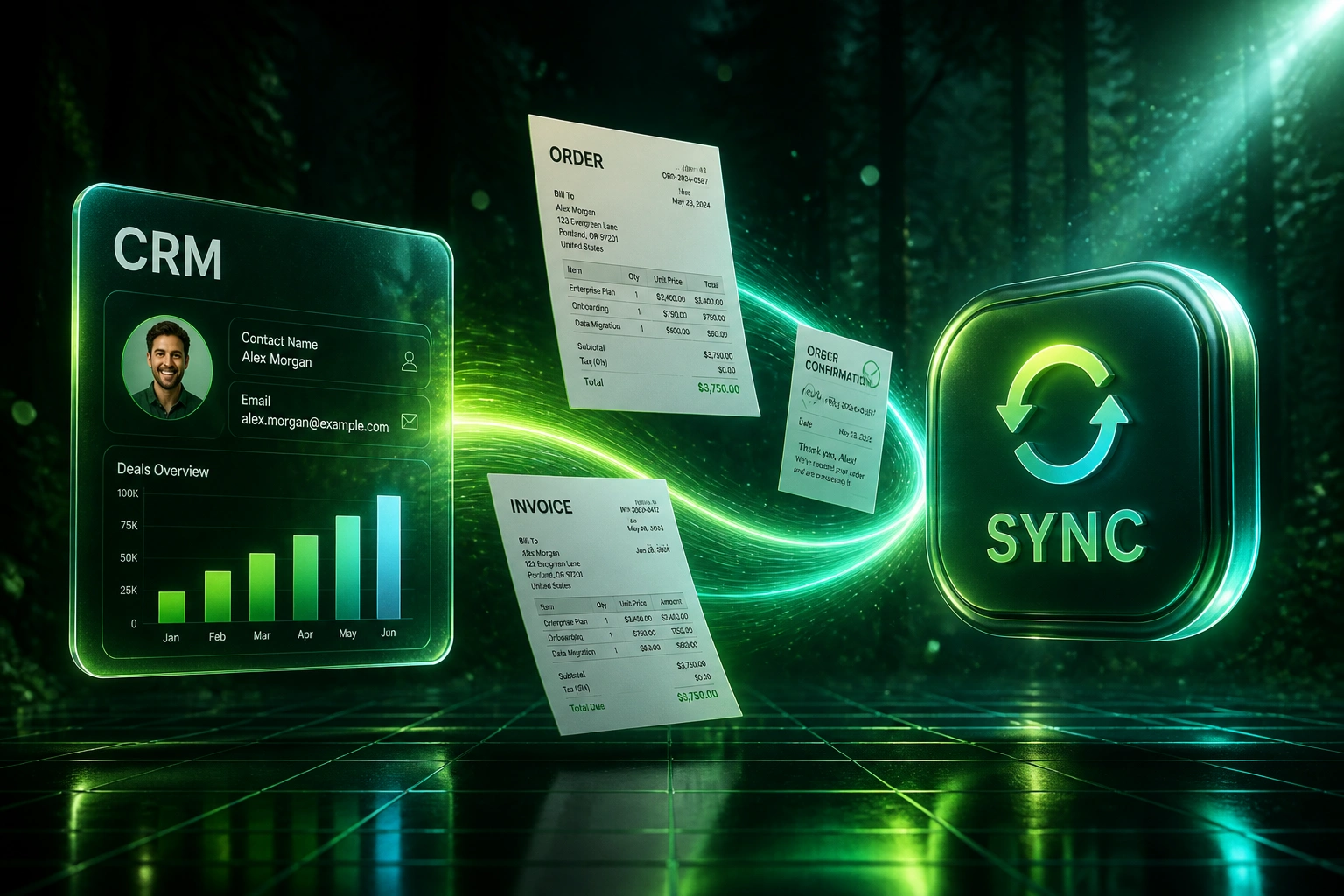 A glass CRM panel and a SYNC hub connected by a lime-cyan ribbon carrying orders and invoices, illustrating automated system-to-system data flow
