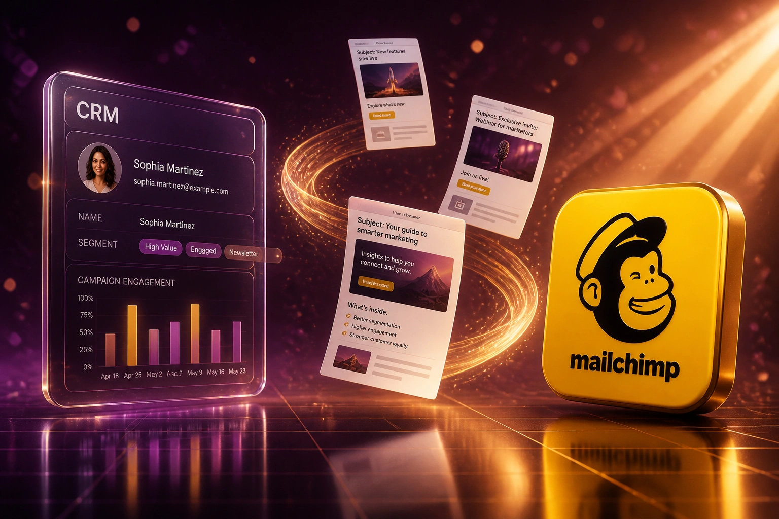 A glass CRM panel connected by a champagne-gold ribbon of flying newsletter emails to a glossy Mailchimp badge, illustrating automated email campaign sync