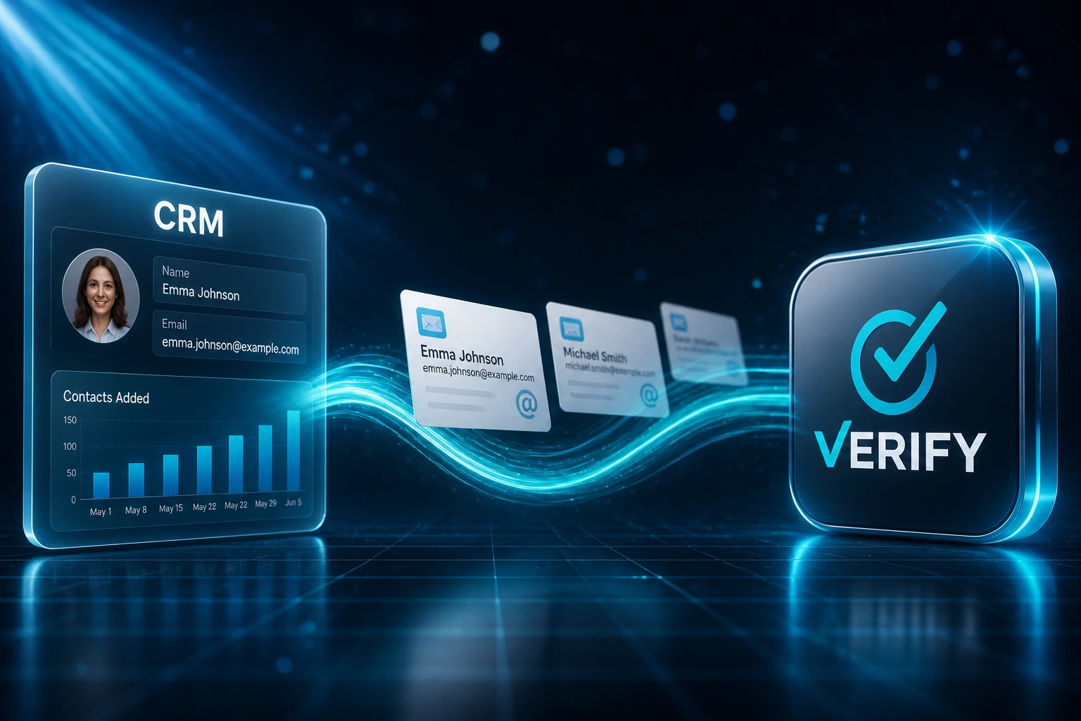 A glass CRM panel and a cyan VERIFY badge connected by a flowing ribbon of email contact cards, illustrating automated email finding and verification