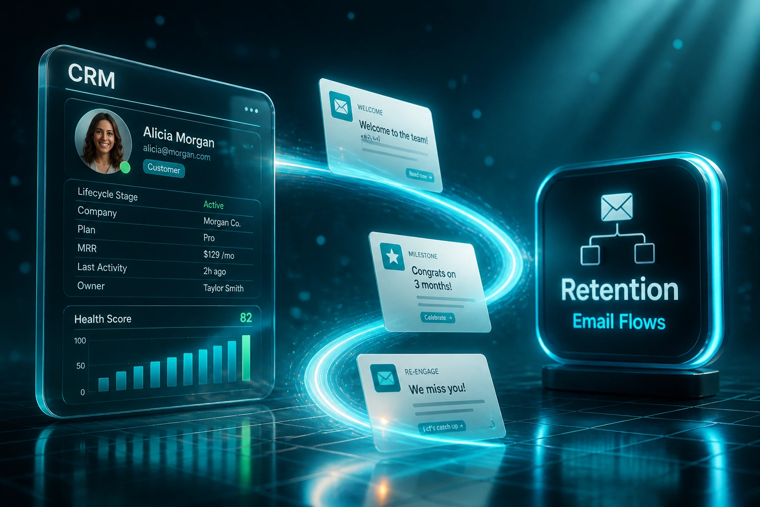 A glass CRM panel and a cyan Retention Email Flows badge connected by an S-curve ribbon carrying Welcome, Milestone, and Re-engage emails, illustrating churn-reducing retention automation