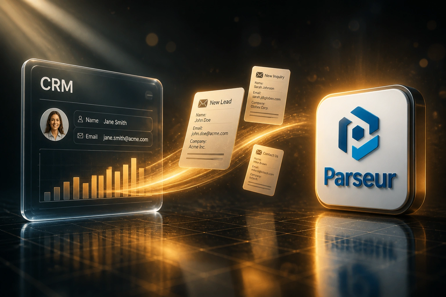 A glass CRM panel and a glossy Parseur badge linked by a warm amber ribbon of lead emails, illustrating email parsing for lead capture