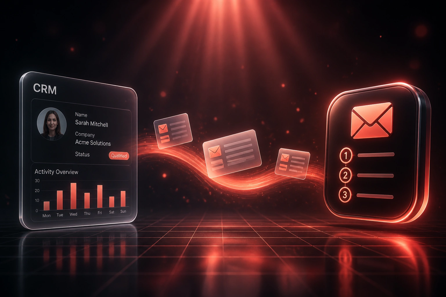 A glass CRM panel and a sales cadence badge linked by glowing email documents, illustrating automated email sequence follow-up