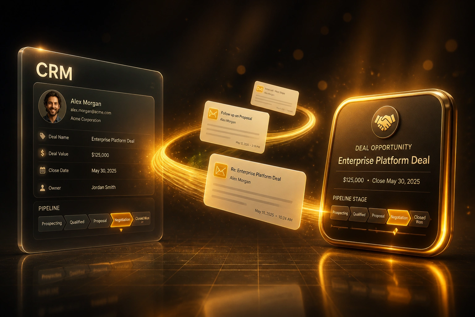 A glass CRM panel and a glossy deal opportunity badge linked by a ribbon of email documents, illustrating automatic email-to-deal linking
