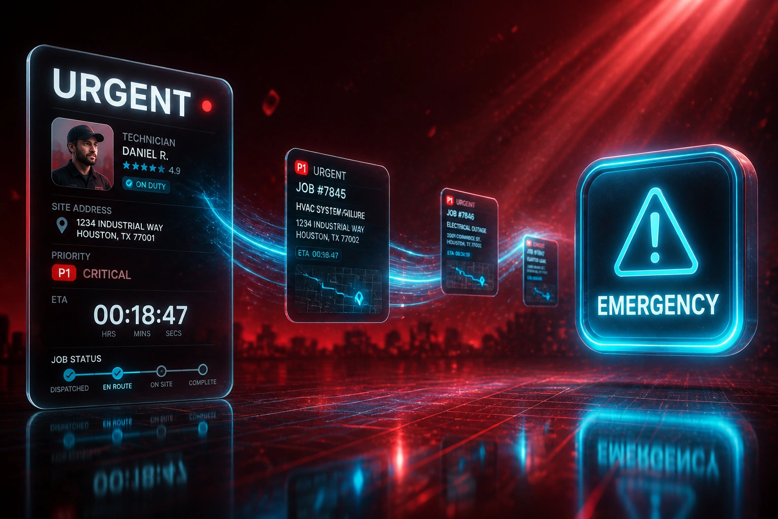 A glass URGENT dispatch panel and a glossy EMERGENCY alert badge connected by a cyan ribbon of priority job cards, illustrating automated emergency dispatch and escalation