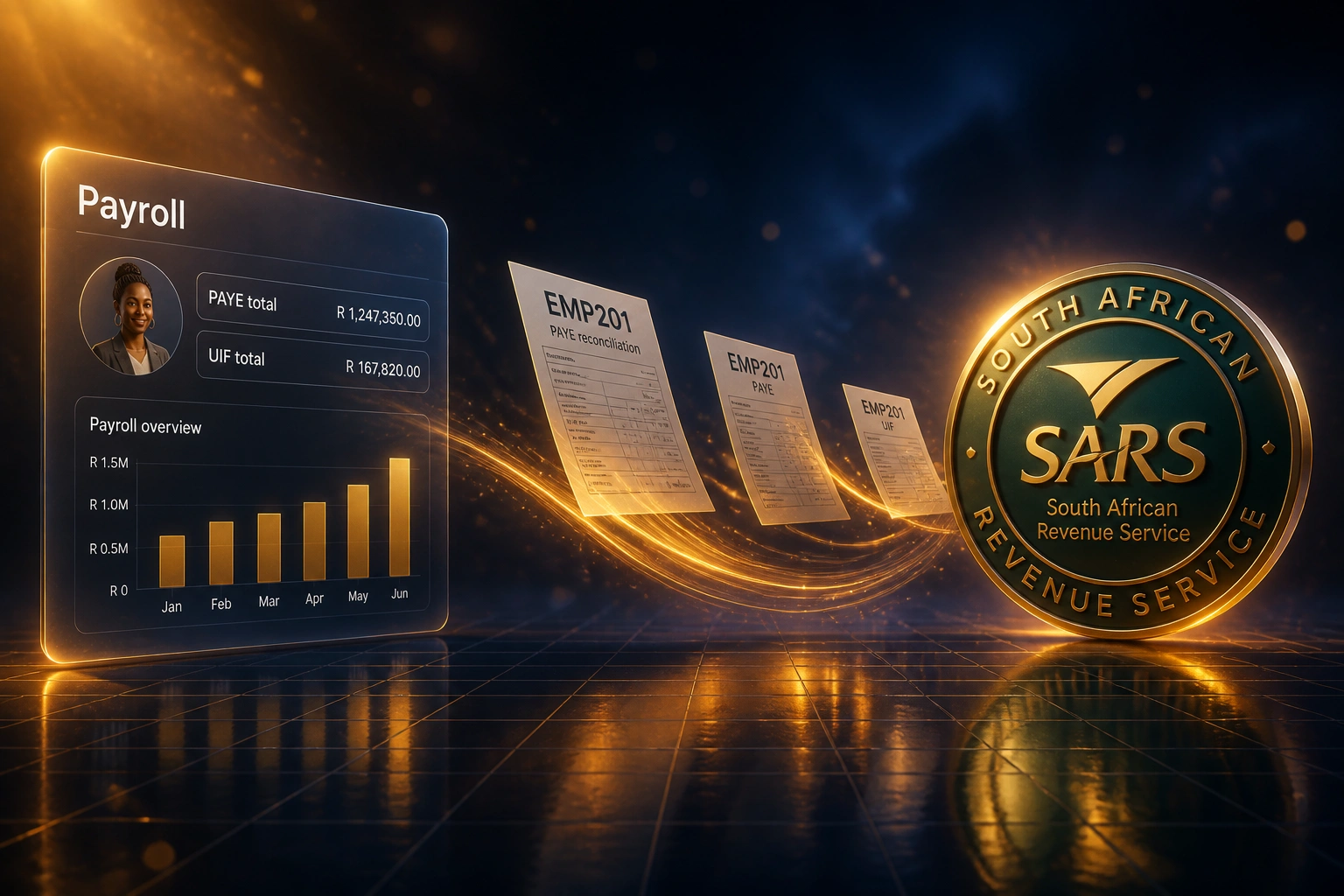 A Payroll glass panel and a SARS seal connected by EMP201 reconciliation documents on an amber ribbon of light