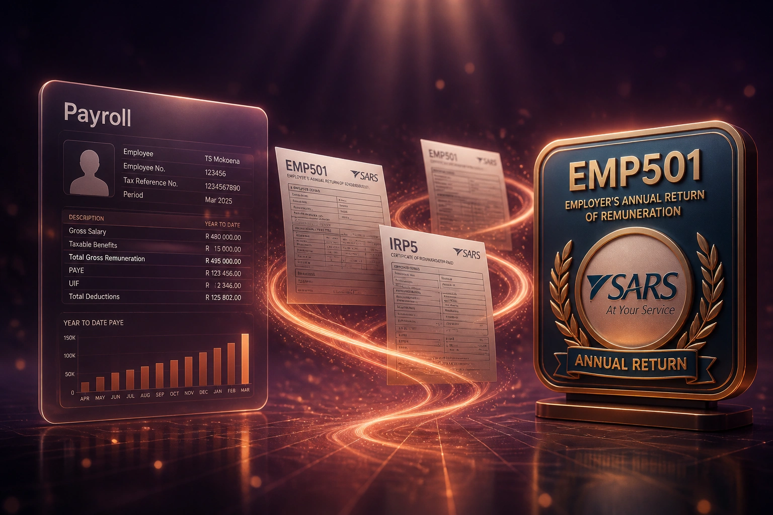 A payroll glass panel and an EMP501 SARS annual return badge connected by reconciliation documents on a copper ribbon of light