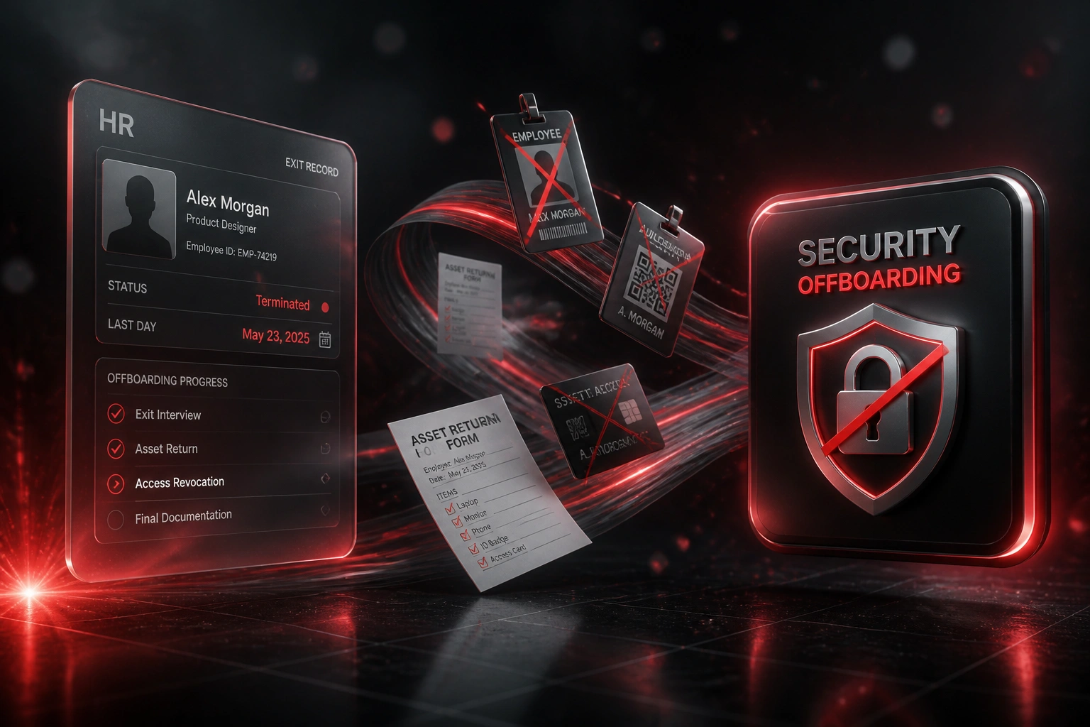 A glass HR exit panel and a security offboarding badge connected by revoked access cards and asset return forms, illustrating automated employee offboarding