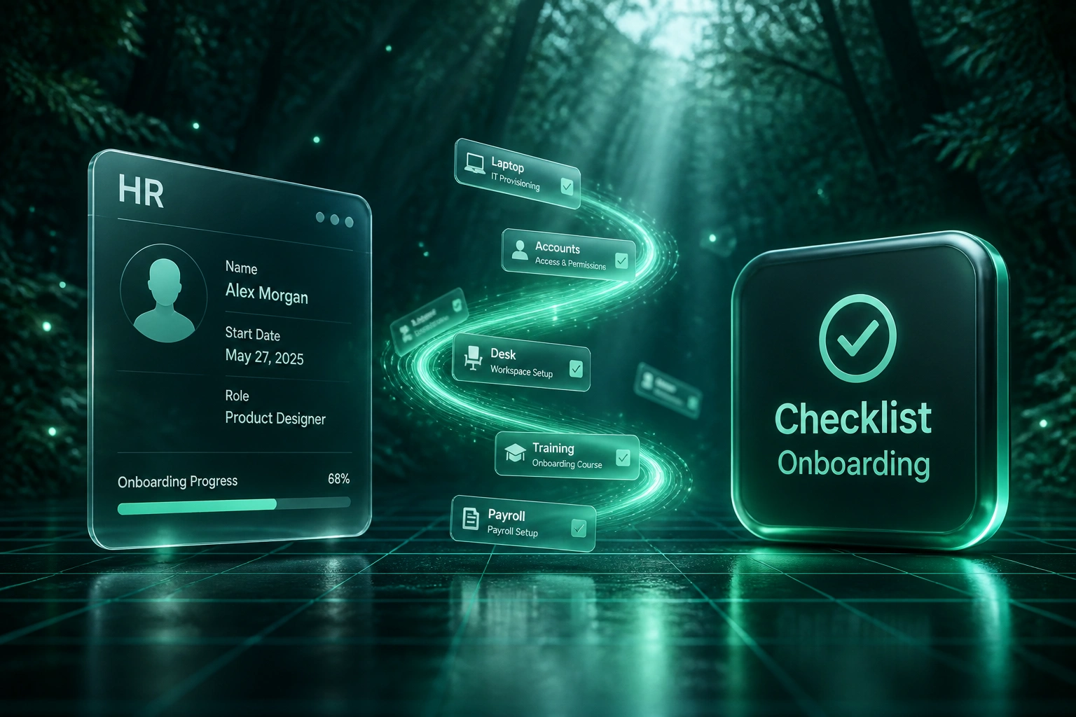 A glass HR panel and a Checklist Onboarding badge connected by mint task tickets for laptop, accounts, desk, training, and payroll