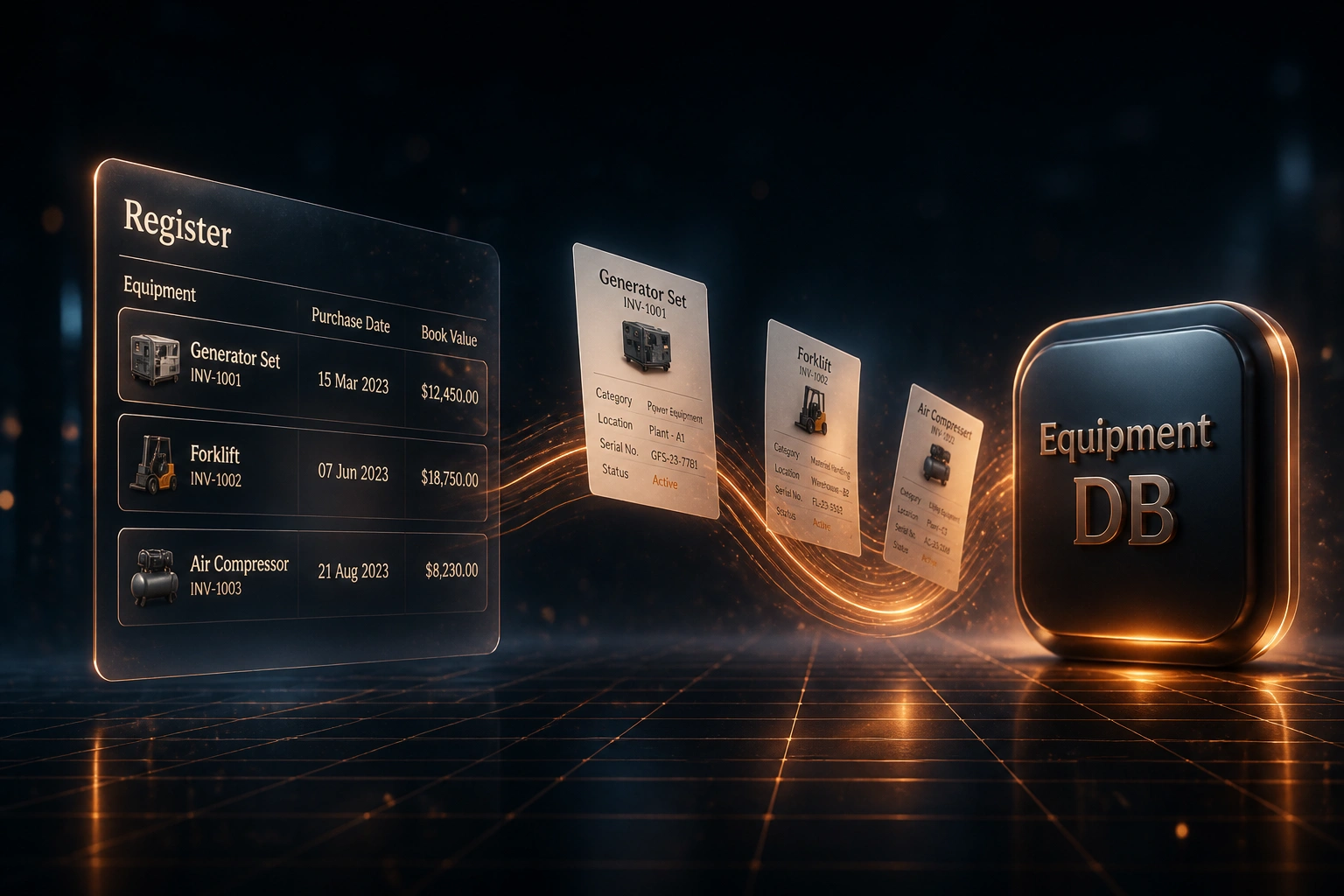A glass Register panel listing equipment purchase dates and book values connected by a copper ribbon of asset cards to an Equipment DB badge on a deep navy floor