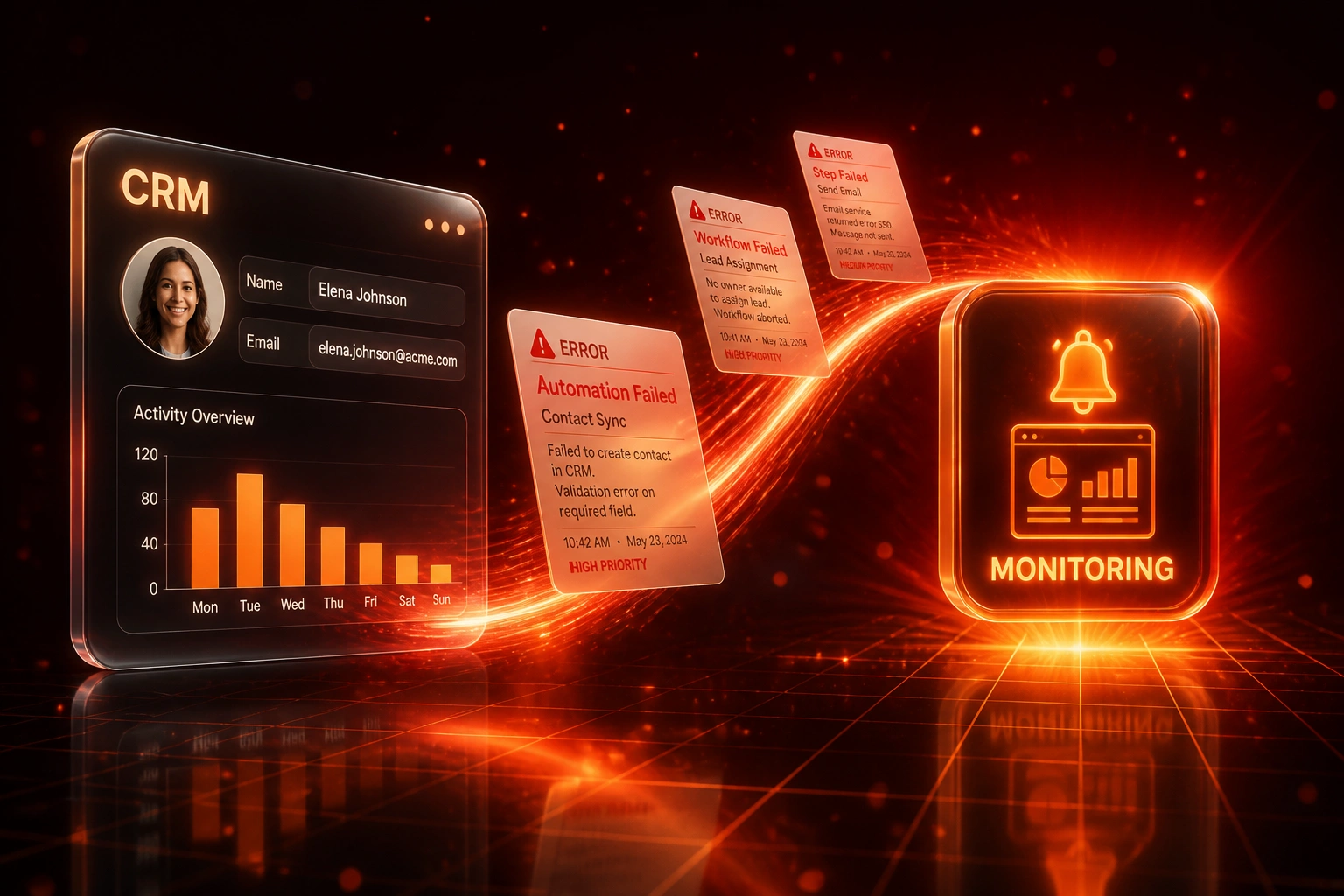 A glass CRM panel and a Monitoring alert badge linked by an amber ribbon of error notices, illustrating automation failure monitoring
