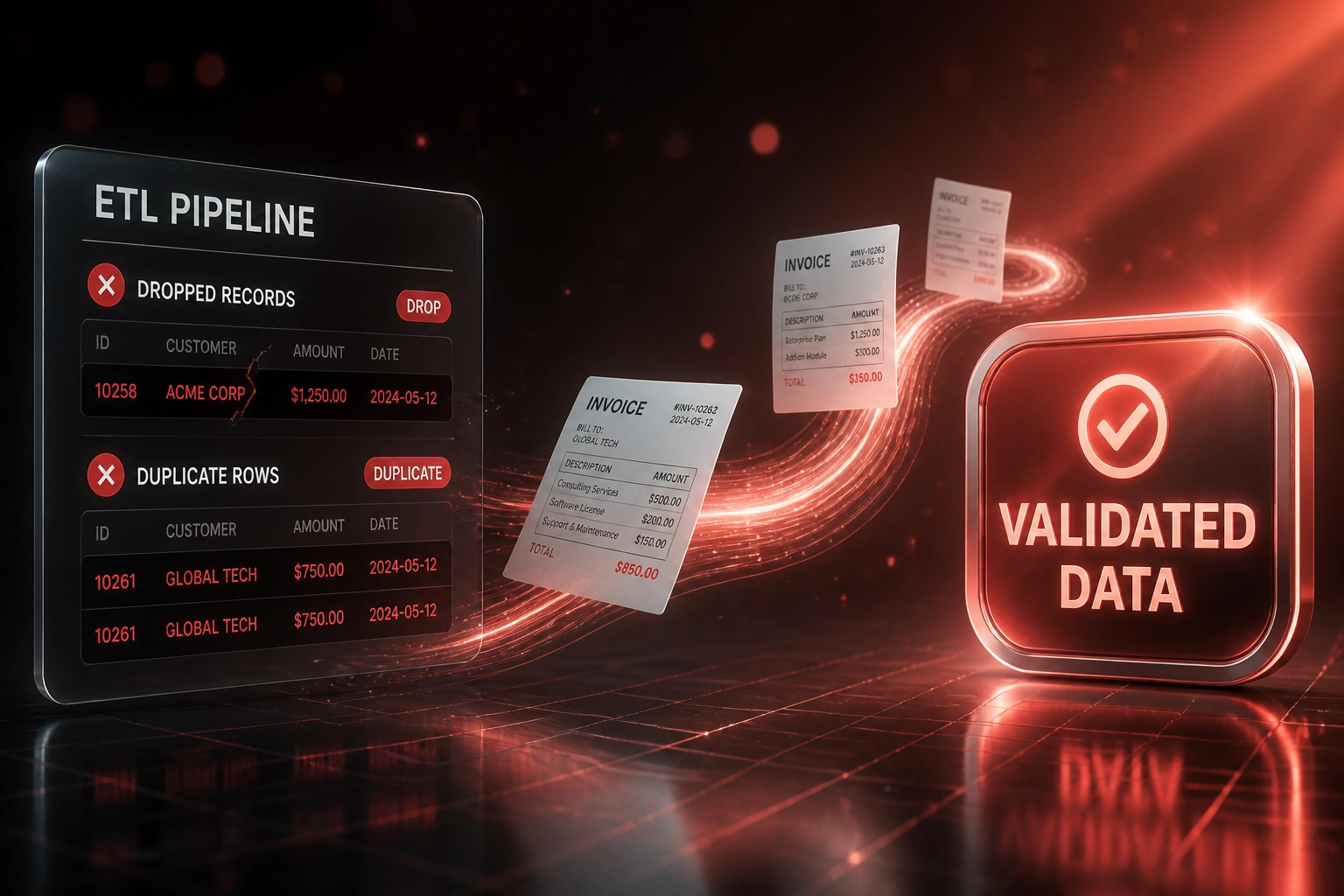 A glass ETL Pipeline panel showing dropped and duplicate records beside a glossy Validated Data badge, linked by a coral ribbon of invoice documents