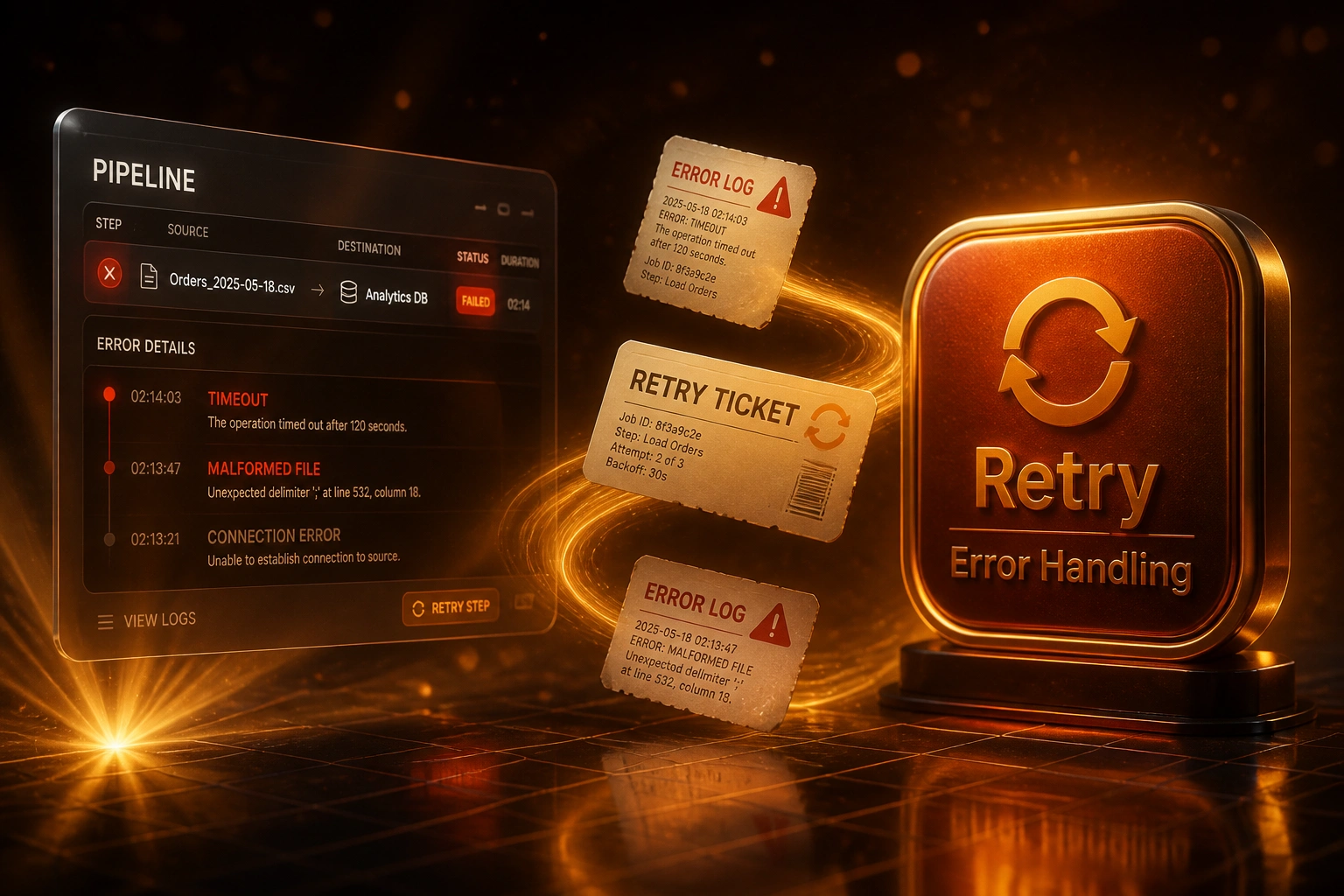 A glass Pipeline panel showing a failed transfer beside a glossy Retry / Error Handling badge, linked by an amber ribbon of error logs and retry tickets
