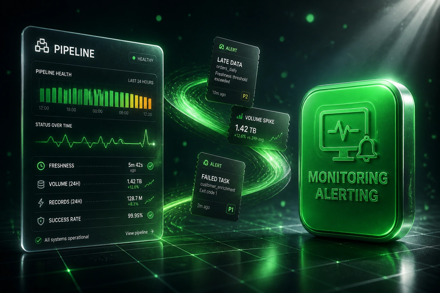 A pipeline health dashboard and a Monitoring Alerting badge connected by a stream of alert tickets, illustrating ETL pipeline observability