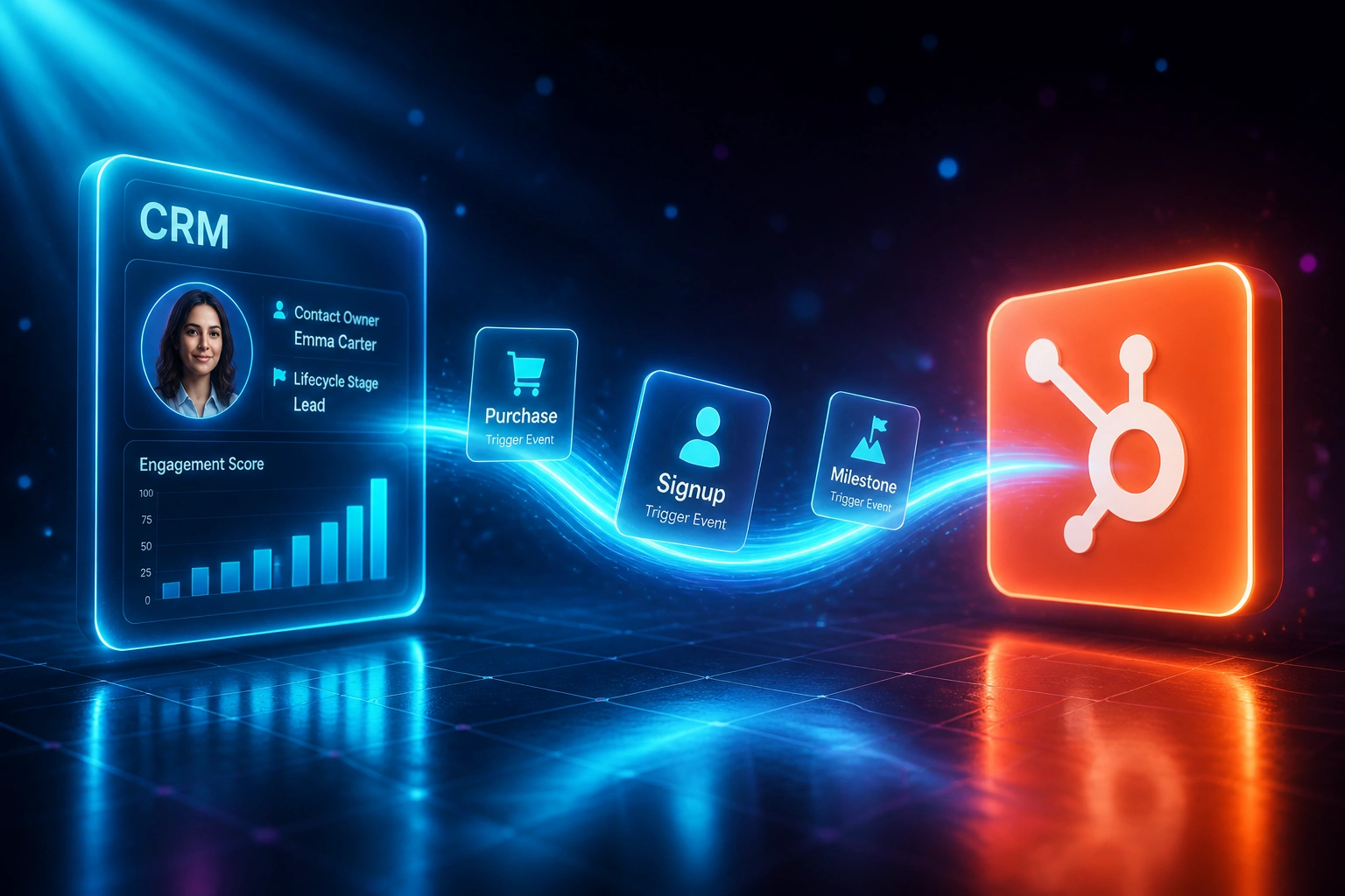 A glass CRM panel and a HubSpot-style automation badge connected by an electric cyan ribbon carrying Purchase, Signup, and Milestone trigger cards across a deep indigo floor grid