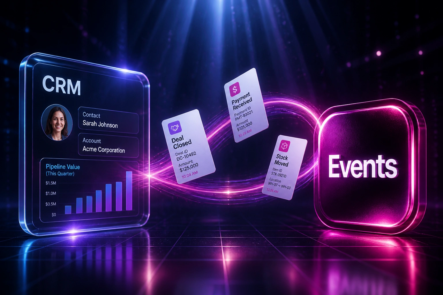 A glass CRM panel and an electric magenta Events badge linked by an S-curved ribbon of deal, payment, and stock event cards, illustrating real-time pub-sub fan-out